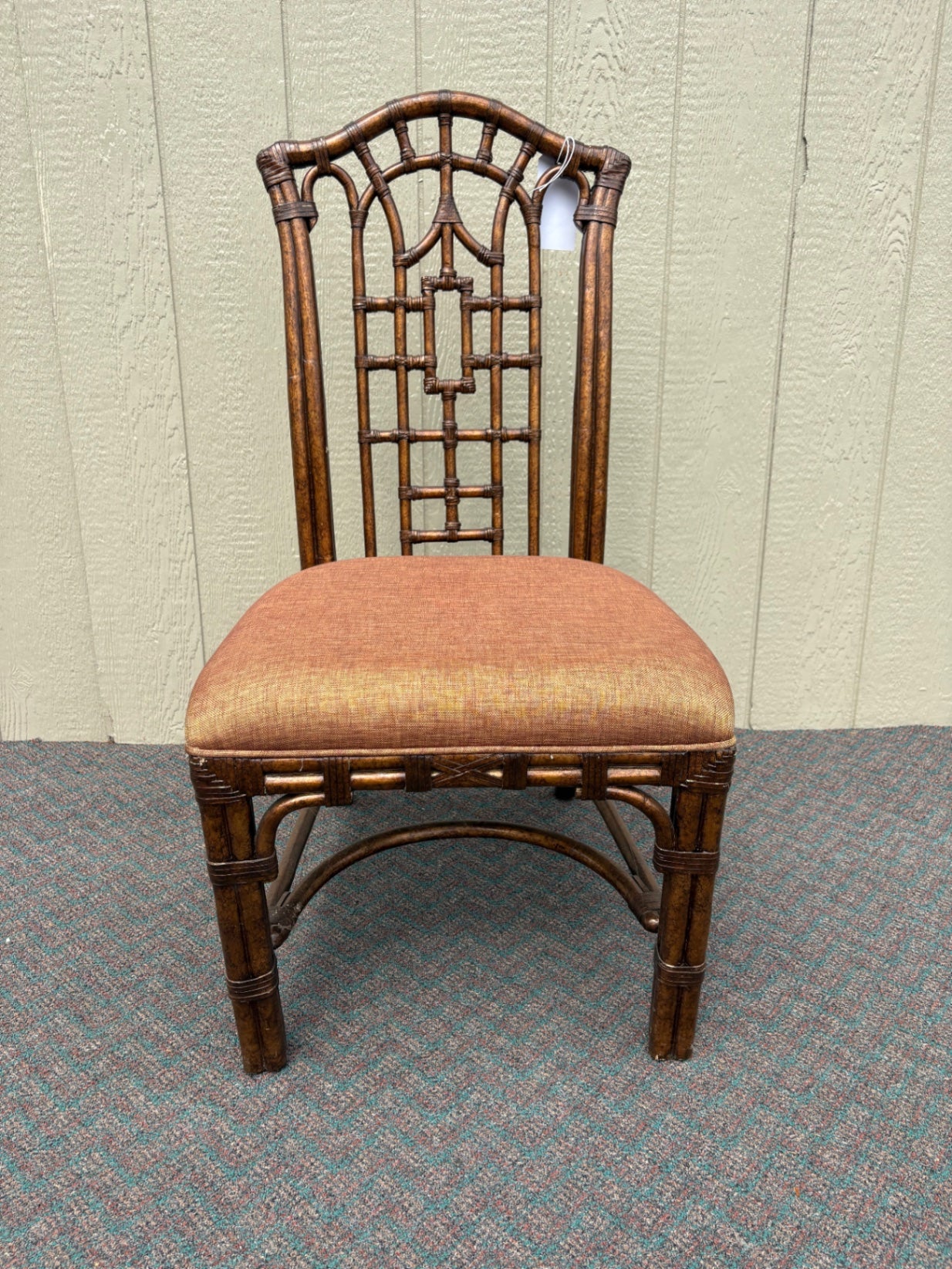 Vintage Chippendale Style Rattan Chair with Upholstered Seat