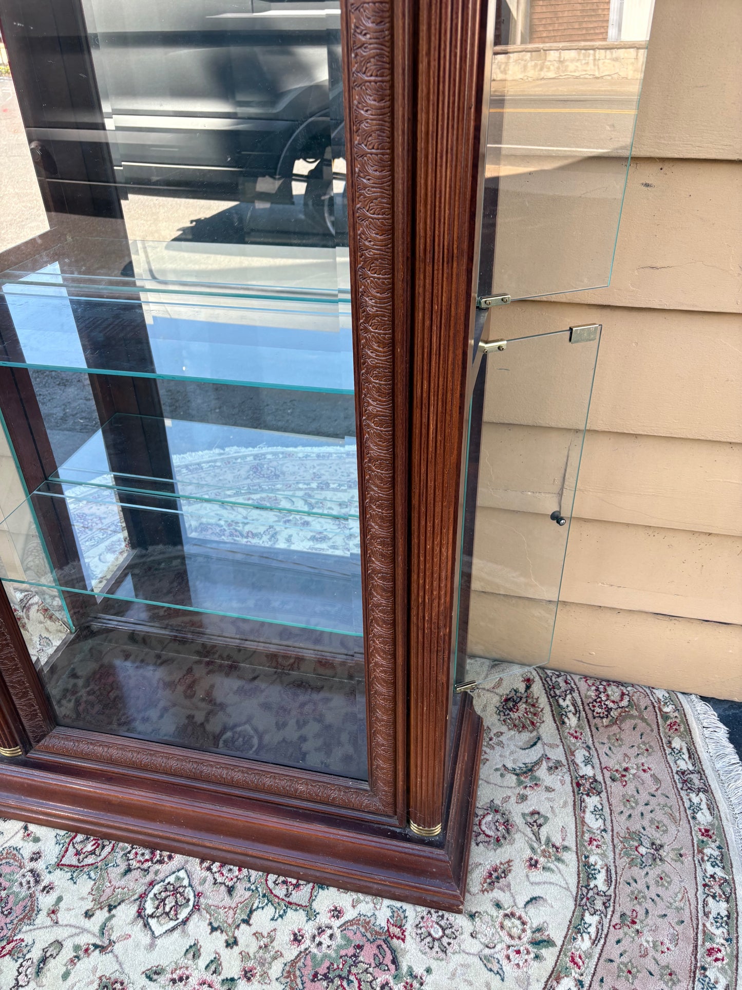 67786  Elegant Mahogany Curio Cabinet with Glass Shelves and Lighting