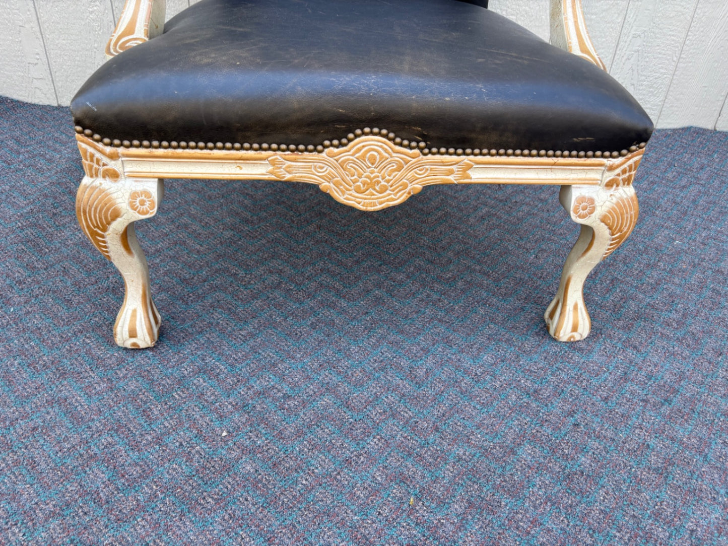 67854 Ornate Baroque Style Leather Armchair with Carved Wood Frame