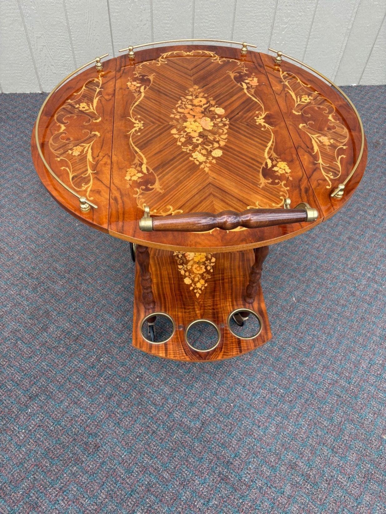 67588  Italian Inlaid Wood Tea Cart with Floral Marquetry and Brass Accents