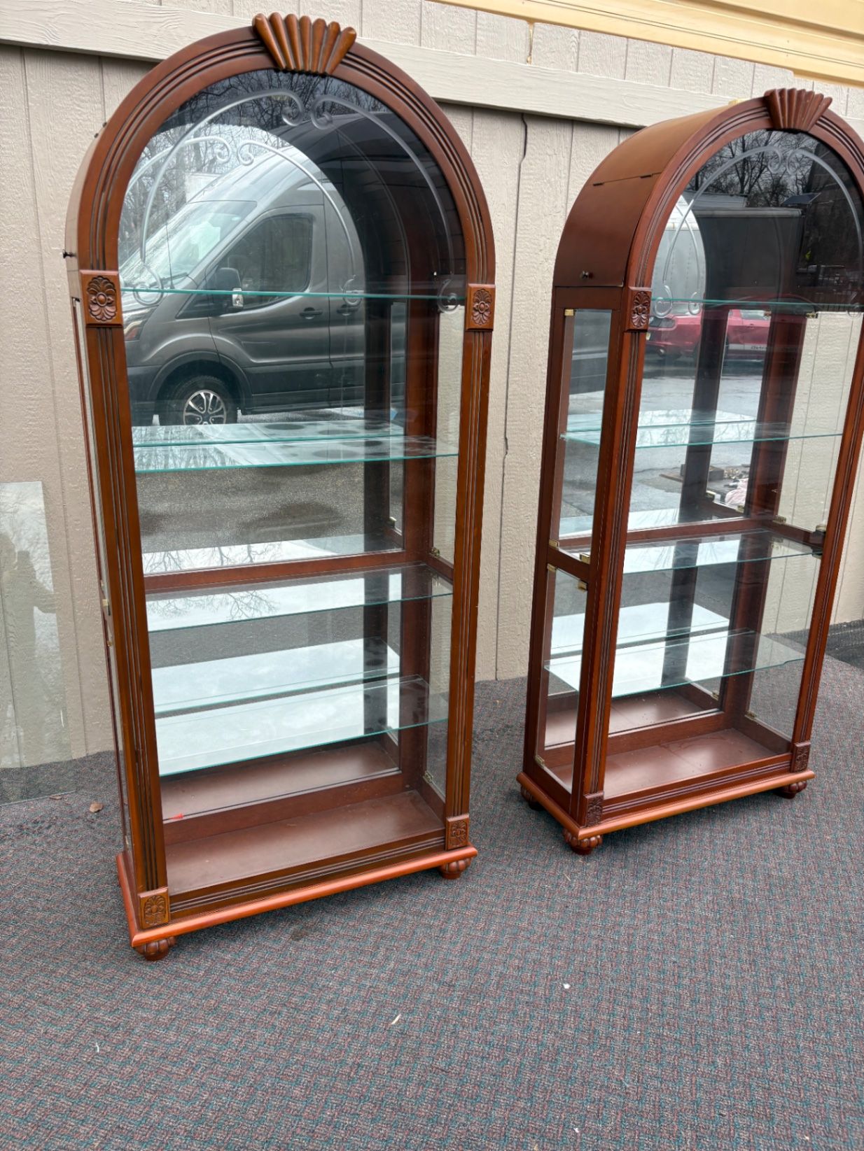 67572 PAIR  of Lighted Etched Glass Curio Cabinets with Wood Frame