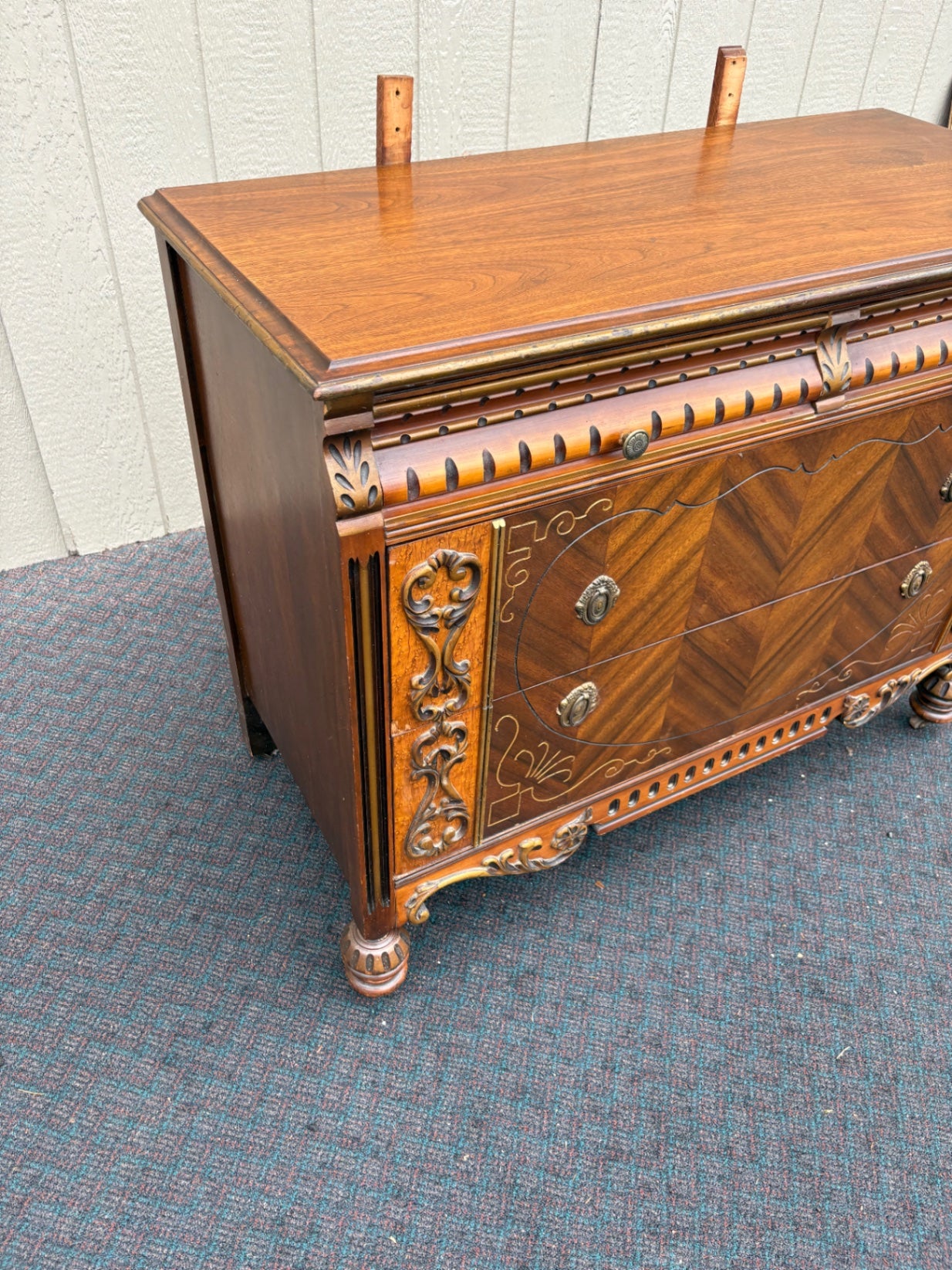 67897  Art Deco Dresser with Ornate Mirror and Intricate Carvings