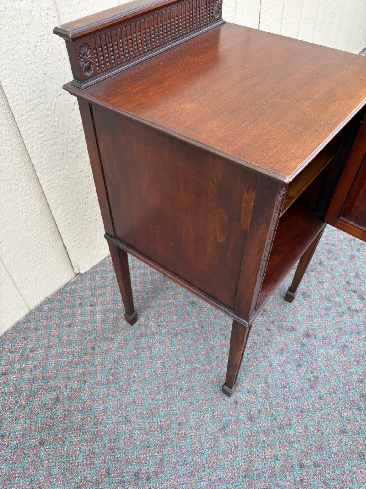 67982 Antique Mahogany Nightstand with Carved Details and Shelf