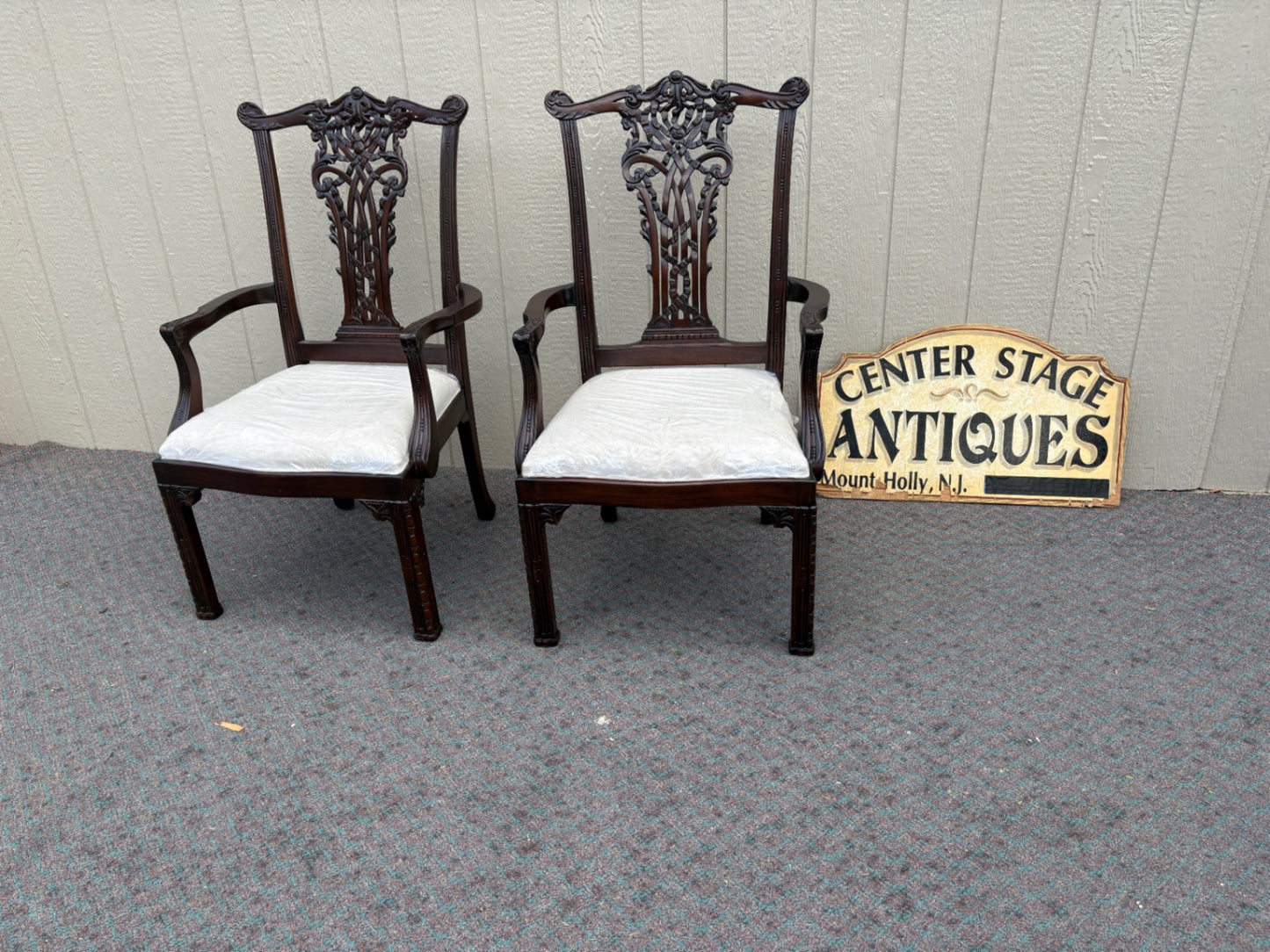 Pair of Chippendale Style Mahogany Armchairs with Carved Backs