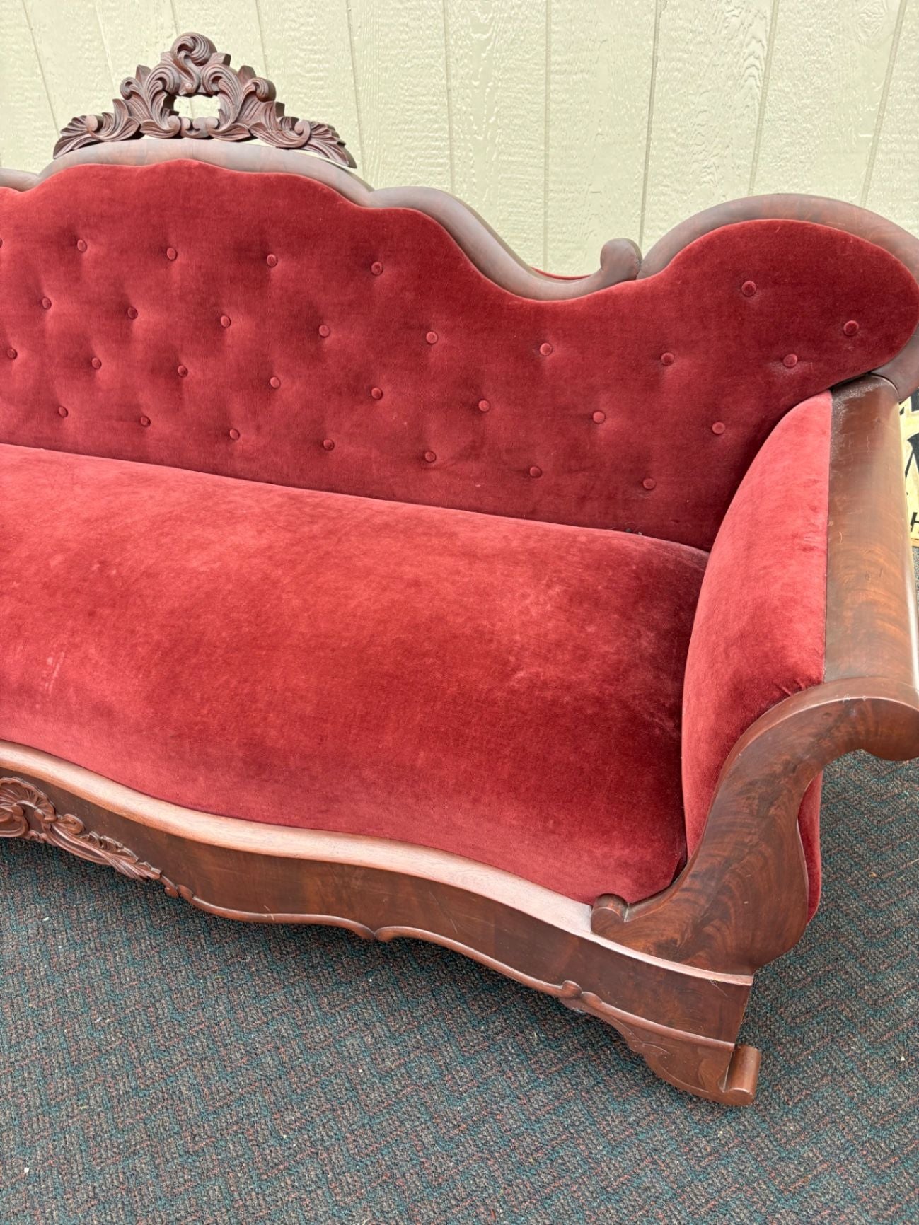 67490  Antique Empire Sofa with Red Velvet Upholstery and Carved Wood
