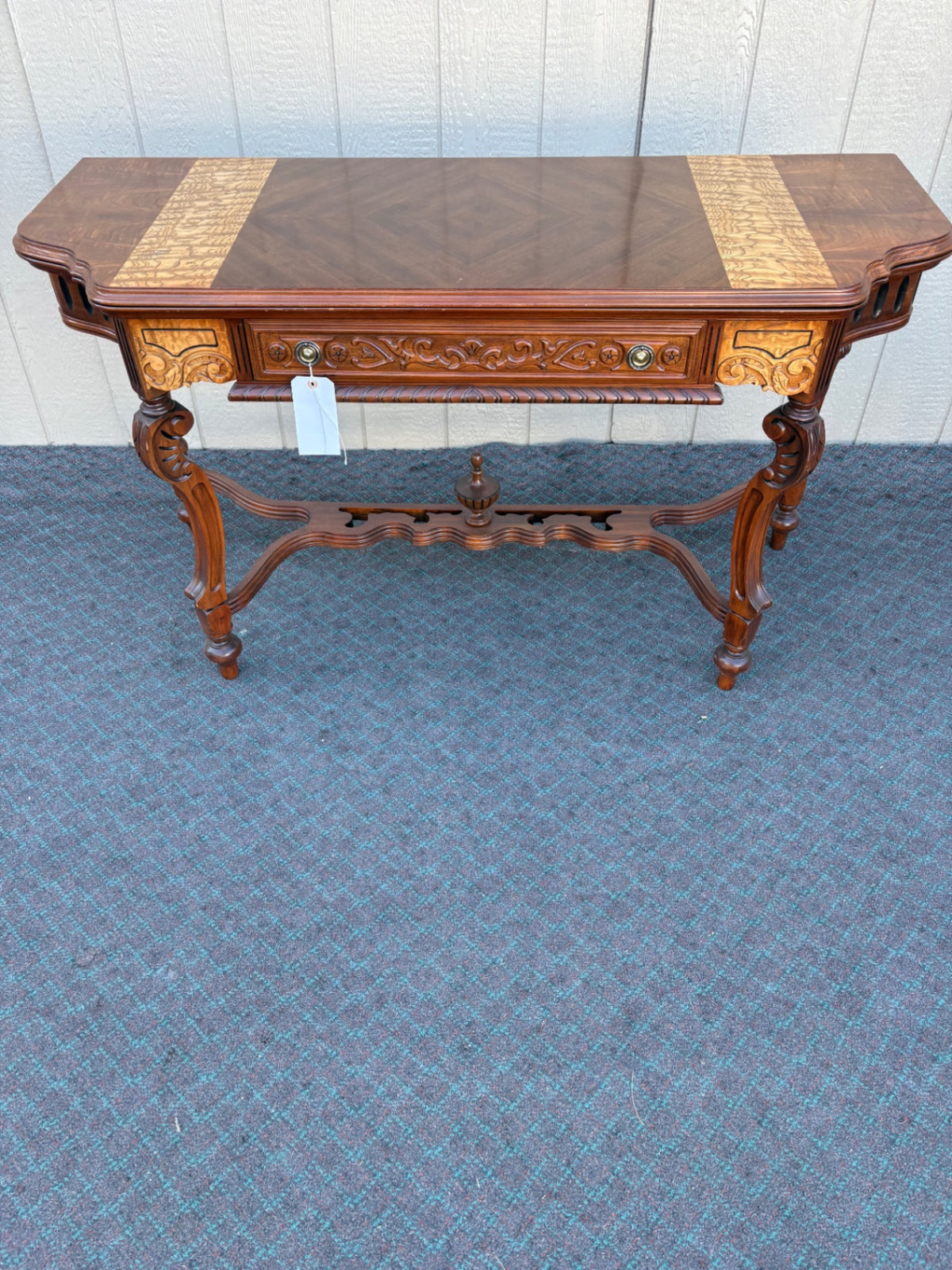 Flip Top Console Game Table with Carved Details