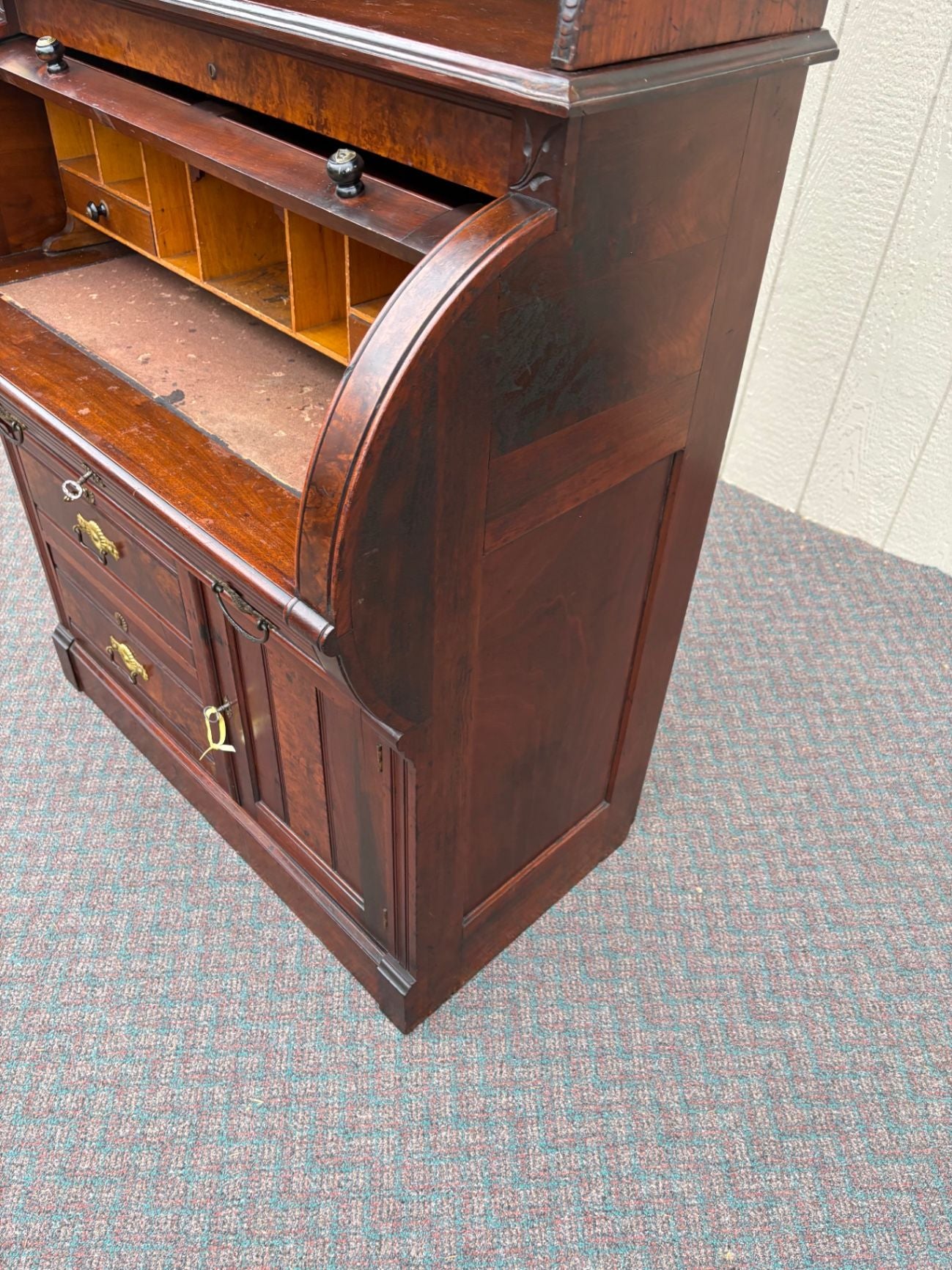 67689  Victorian Cylinder Secretary Desk with Glass Cabinet Top