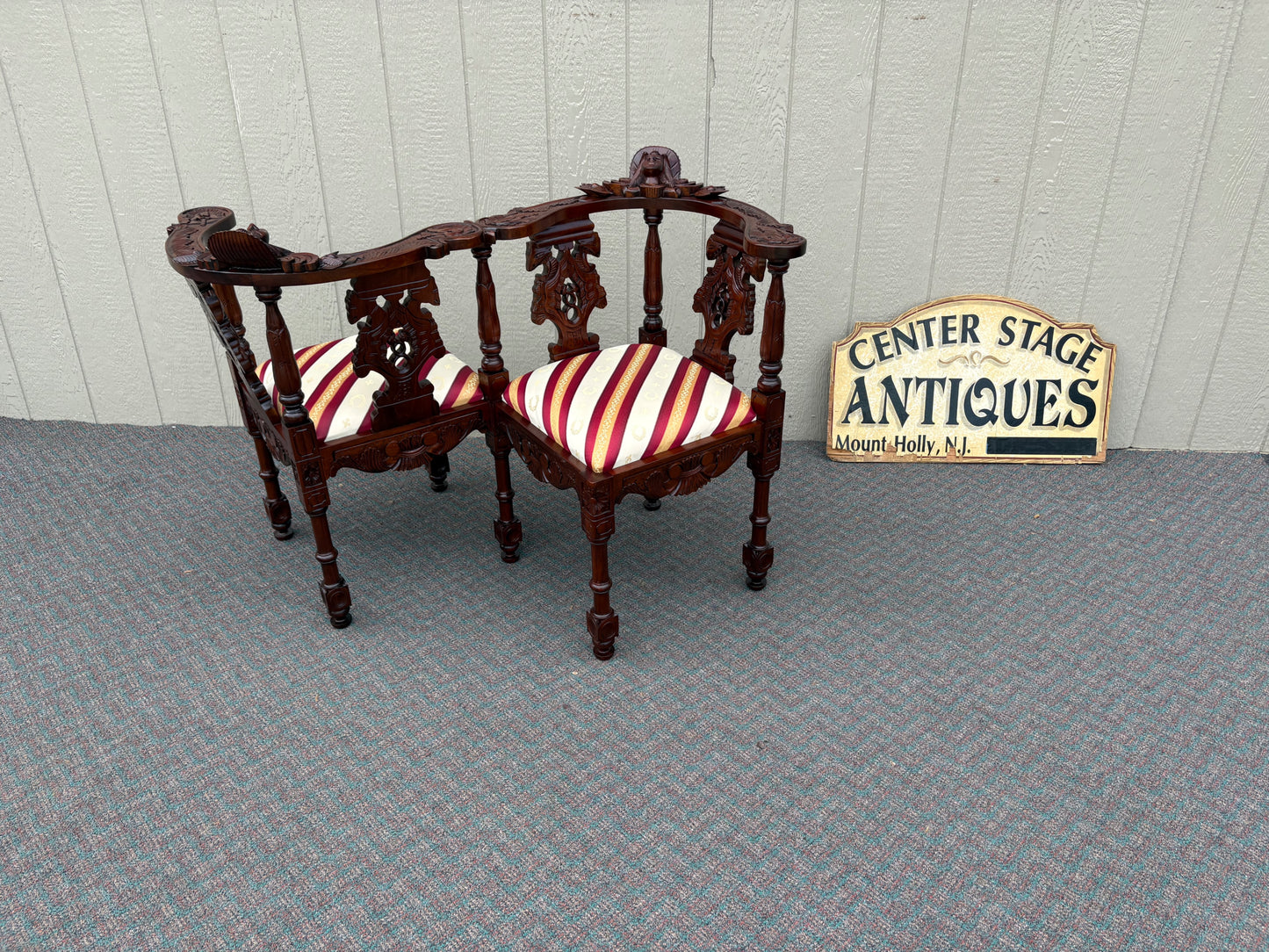 67730 Victorian Tête-à-Tête Loveseat, Carved Mahogany, Striped Upholstery
