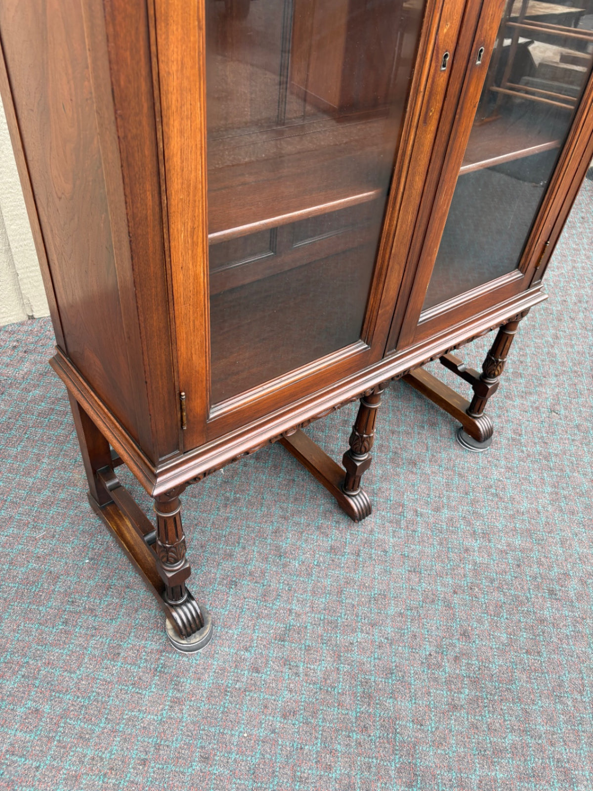 68180  1940s Walnut China Cabinet with Carved Details and Glass Doors