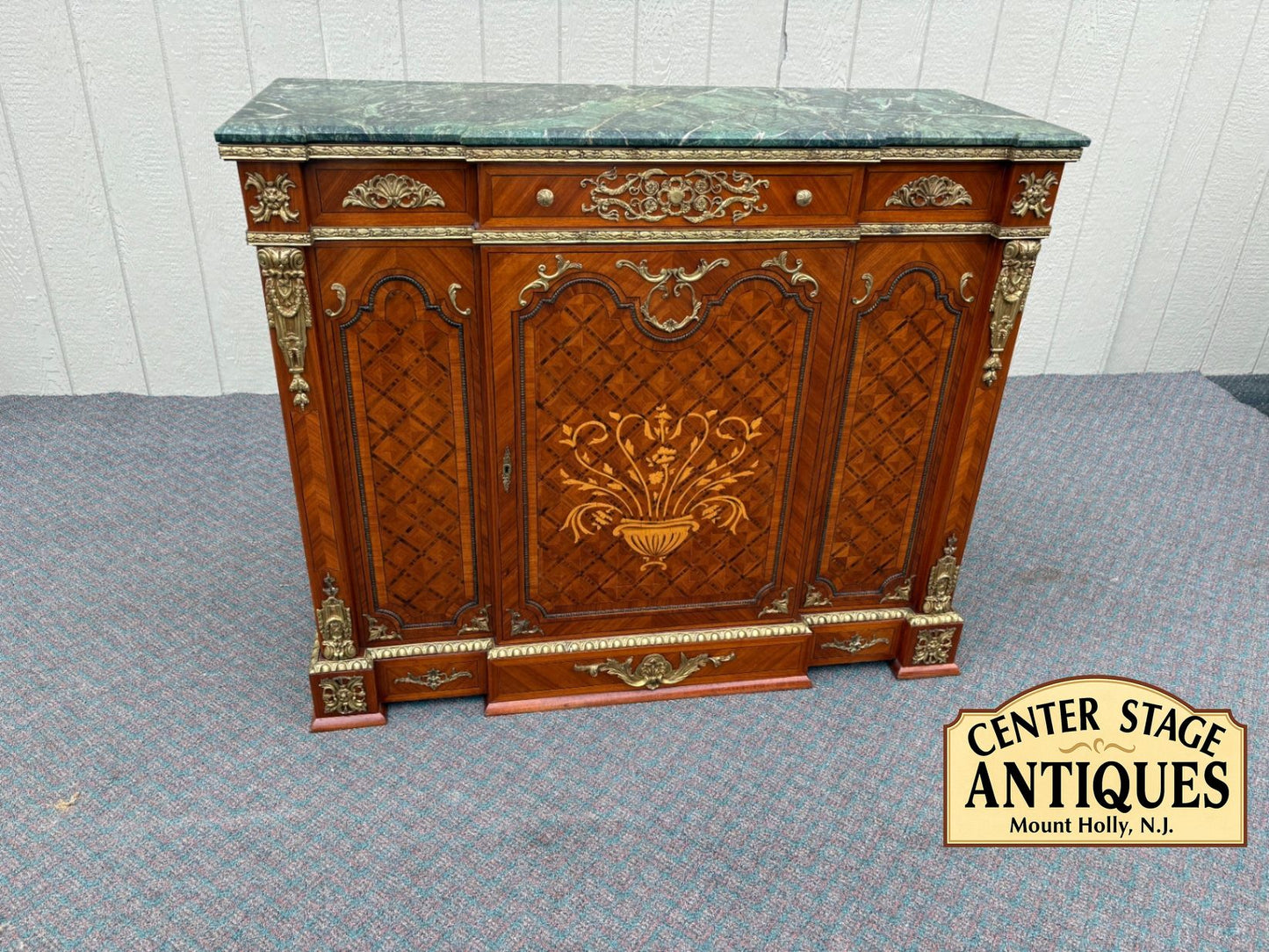 67520 Ornate French Style Marble Top Sideboard with Inlay and Gilt Details