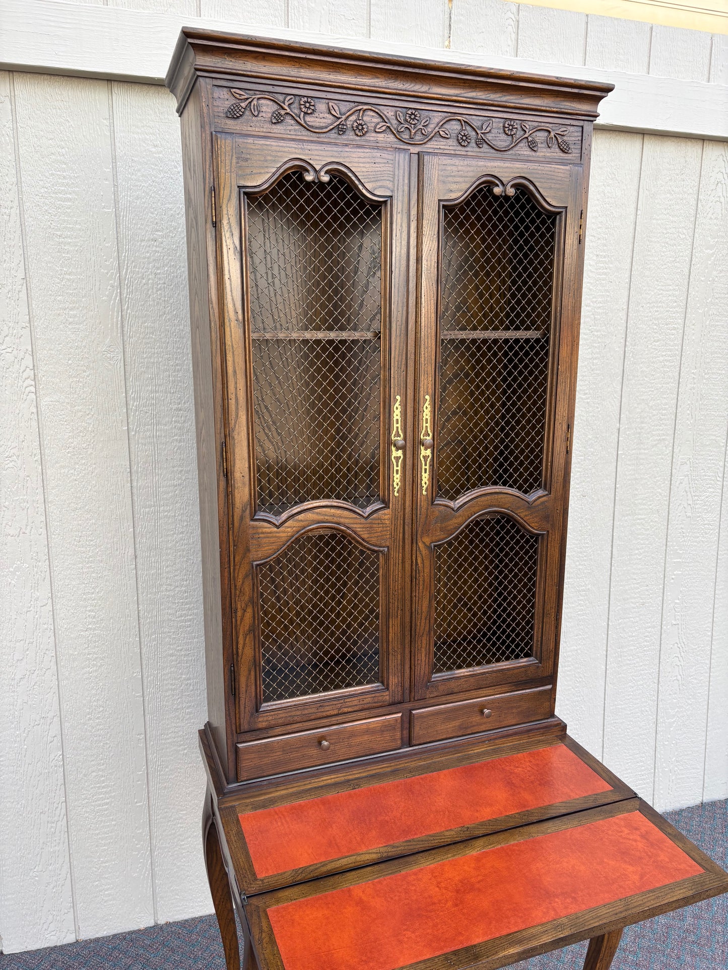 67743 Baker French Provincial Secretary Desk with Hutch, Wood and Leather
