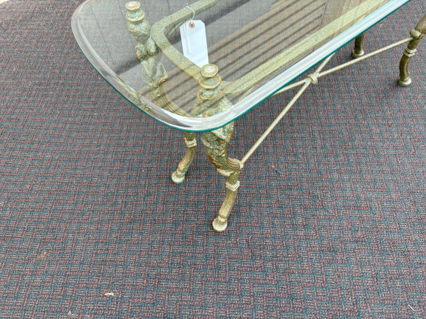 65667 Vintage Glass Top Console Table with Brass Figural Base