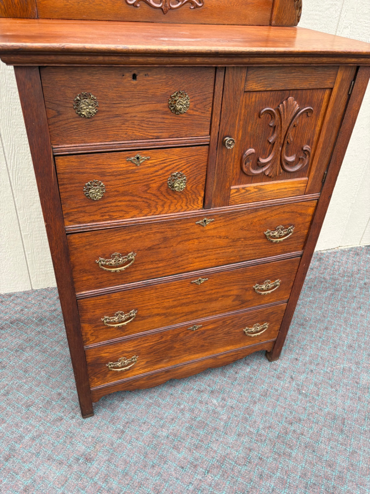 68120 Victorian Oak High Chest with Mirror and Carved Details