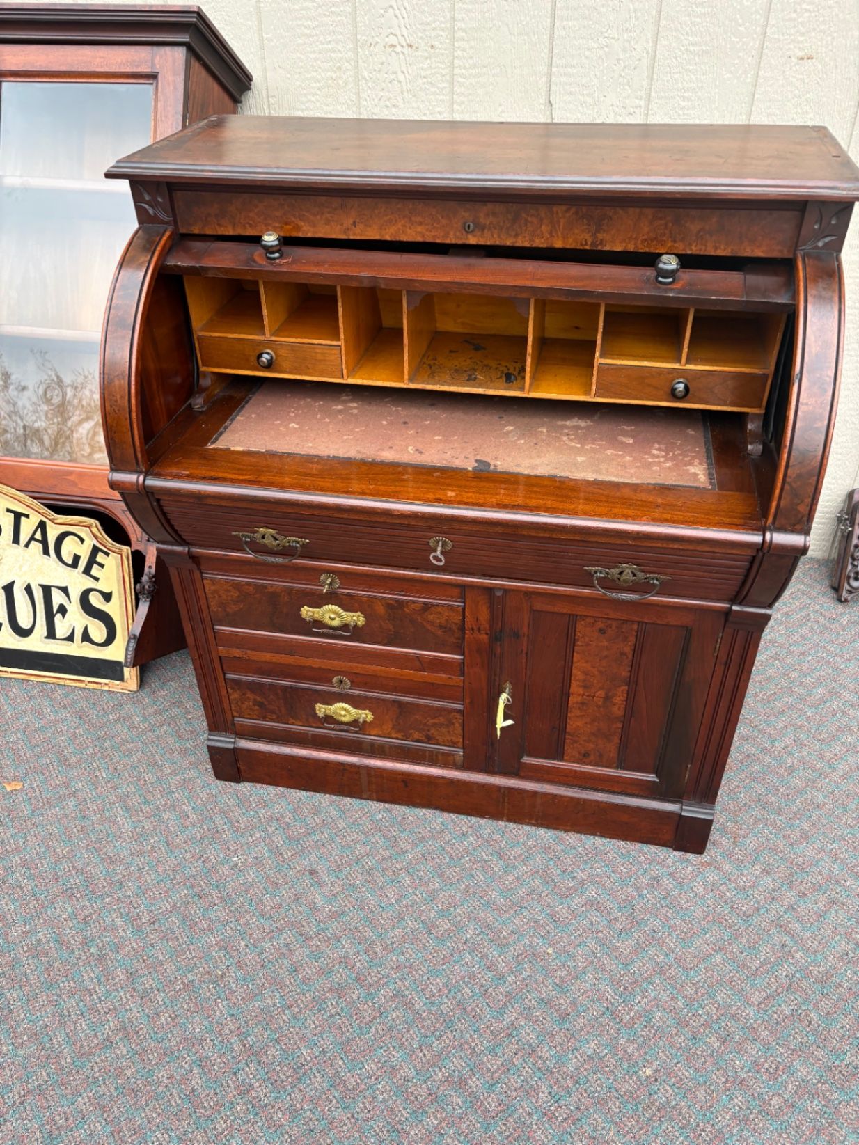 67689  Victorian Cylinder Secretary Desk with Glass Cabinet Top