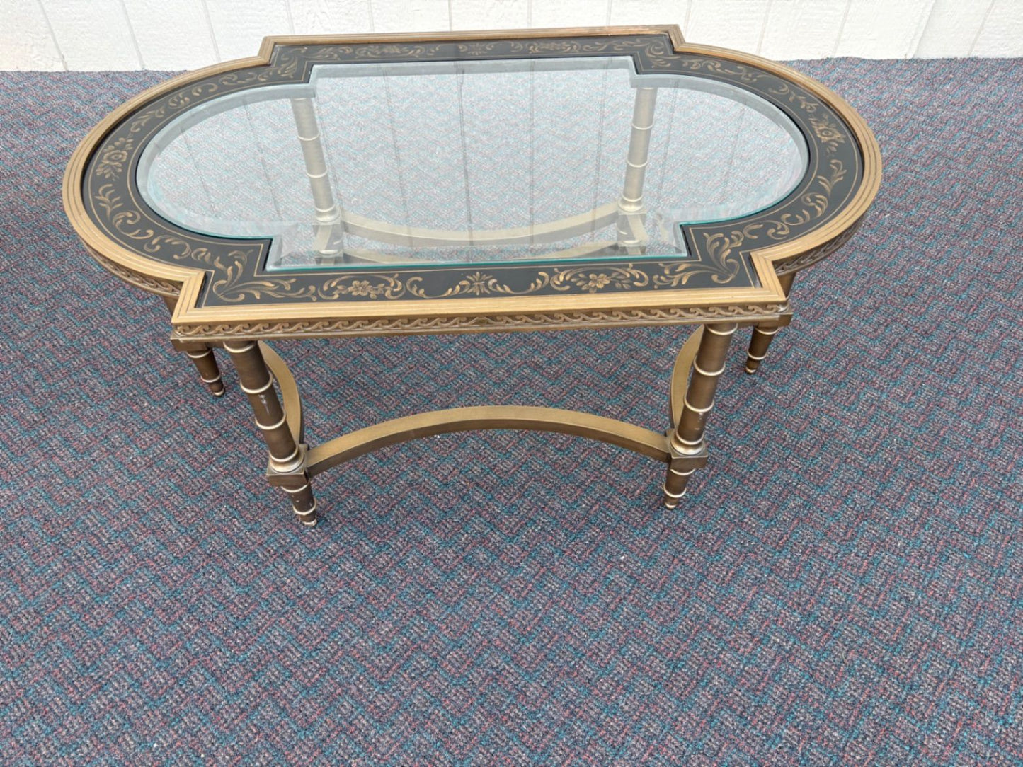 67498  Elegant Vintage Glass Top Coffee Table with Stenciled Design