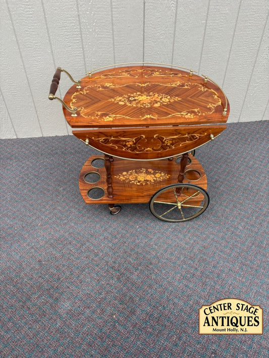 67588  Italian Inlaid Wood Tea Cart with Floral Marquetry and Brass Accents