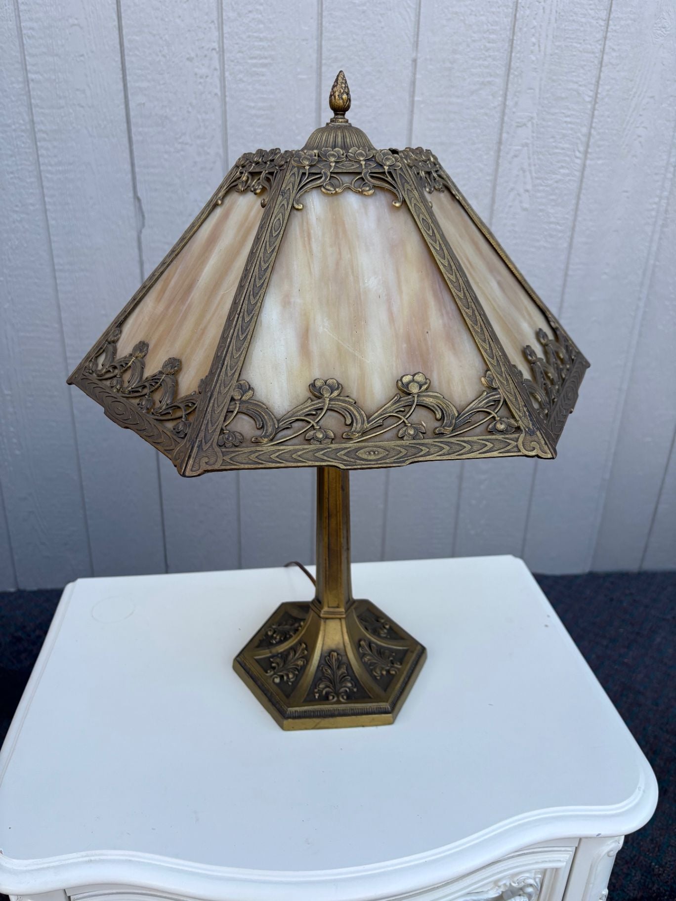 67451  Victorian Slag Glass Table Lamp with Ornate Brass Base