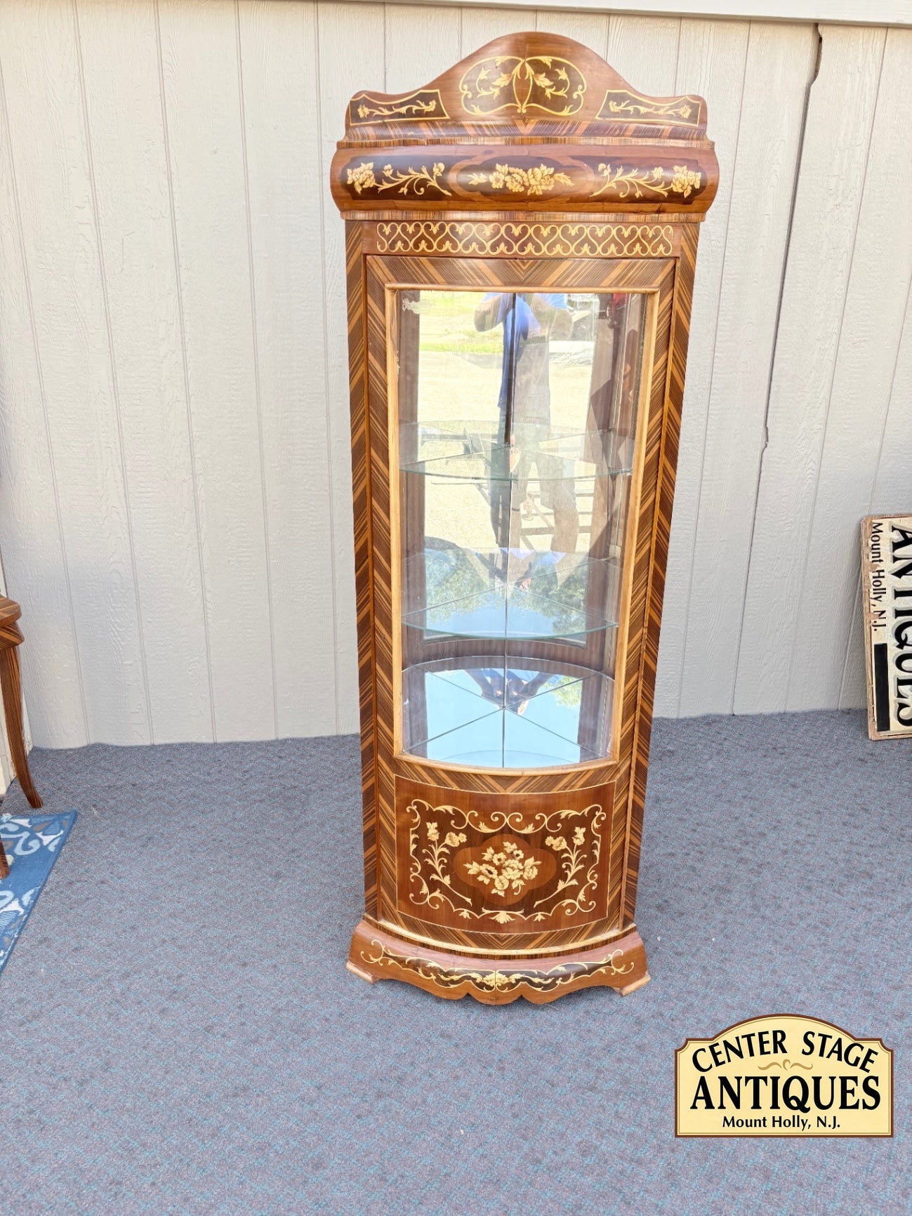 Elegant Corner Curio Cabinet with Inlay and Glass Shelves