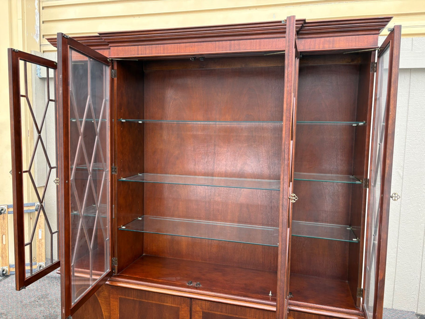 Baker Mahogany Breakfront China Cabinet with Glass Doors