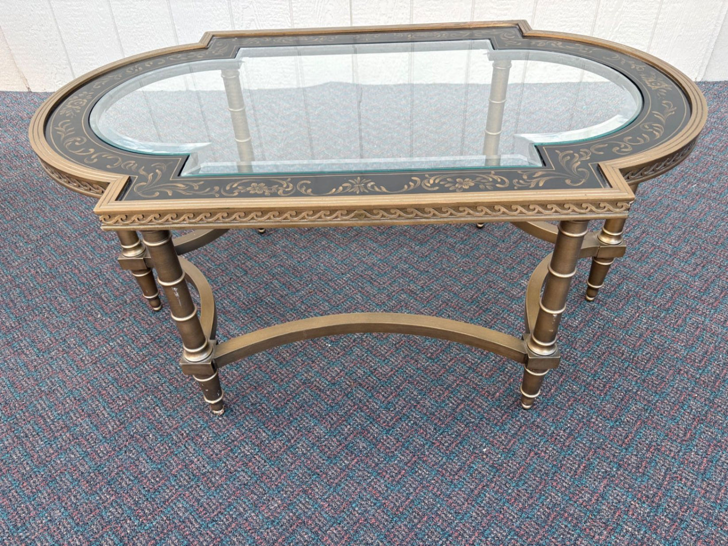 67498  Elegant Vintage Glass Top Coffee Table with Stenciled Design