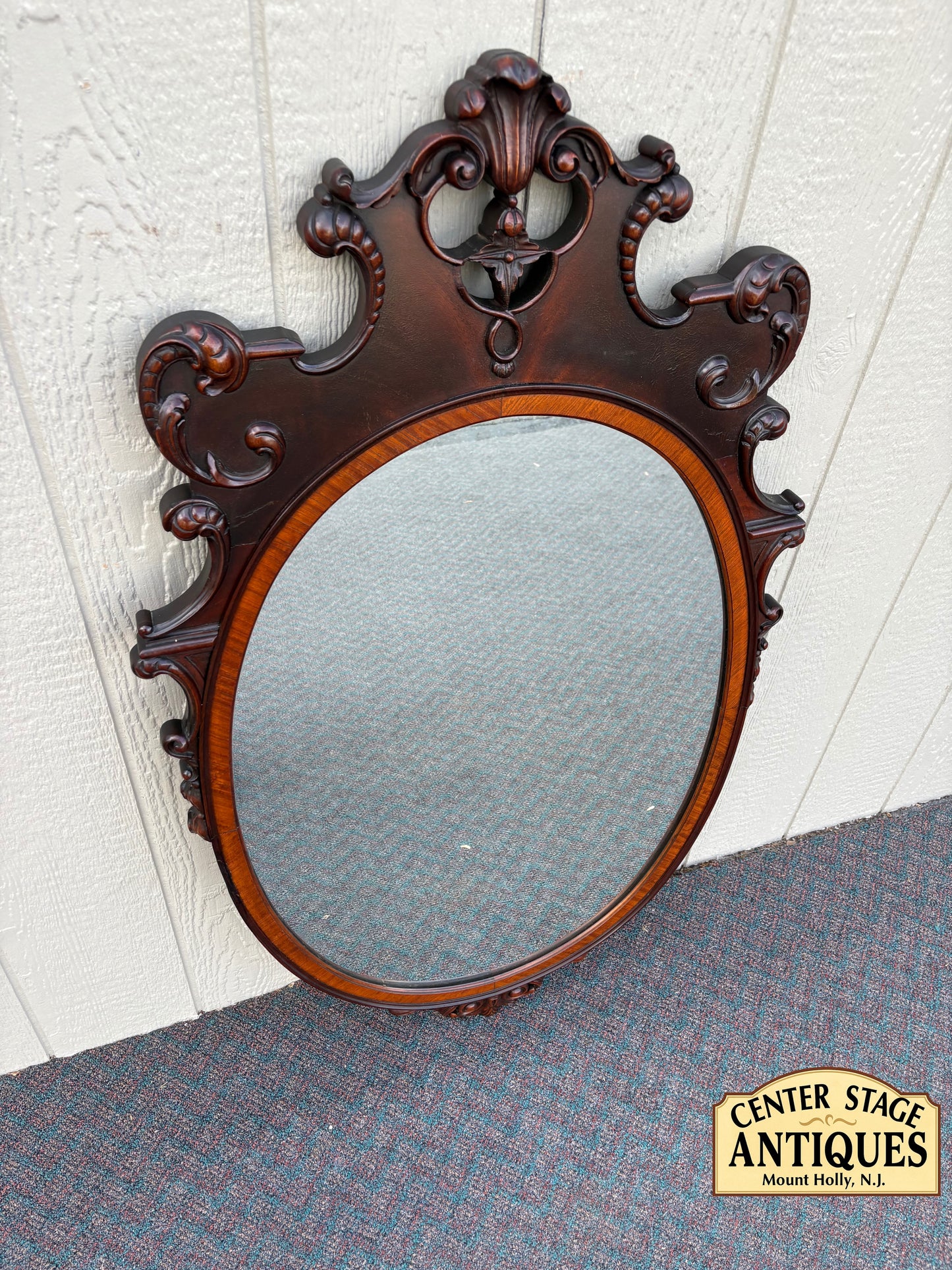 67603 Antique Mahogany Wall Mirror with Ornate Carved Detailing