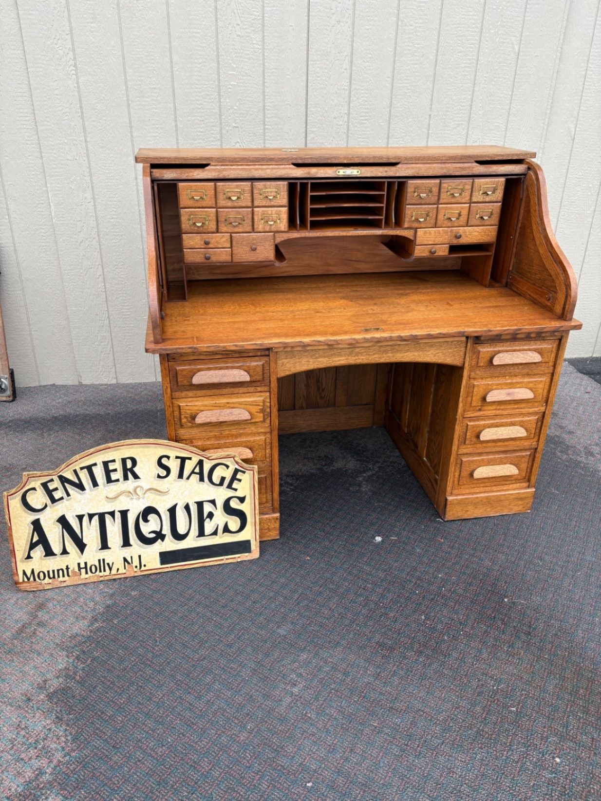 67465 Antique Oak Roll Top Desk, Early 1900s, Solid Oak