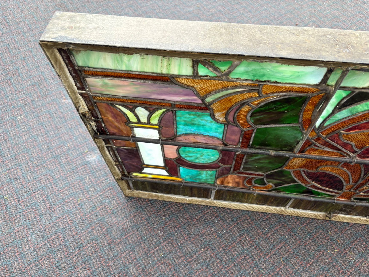 67487 Antique Art Nouveau Stained Glass Window with Floral Motif