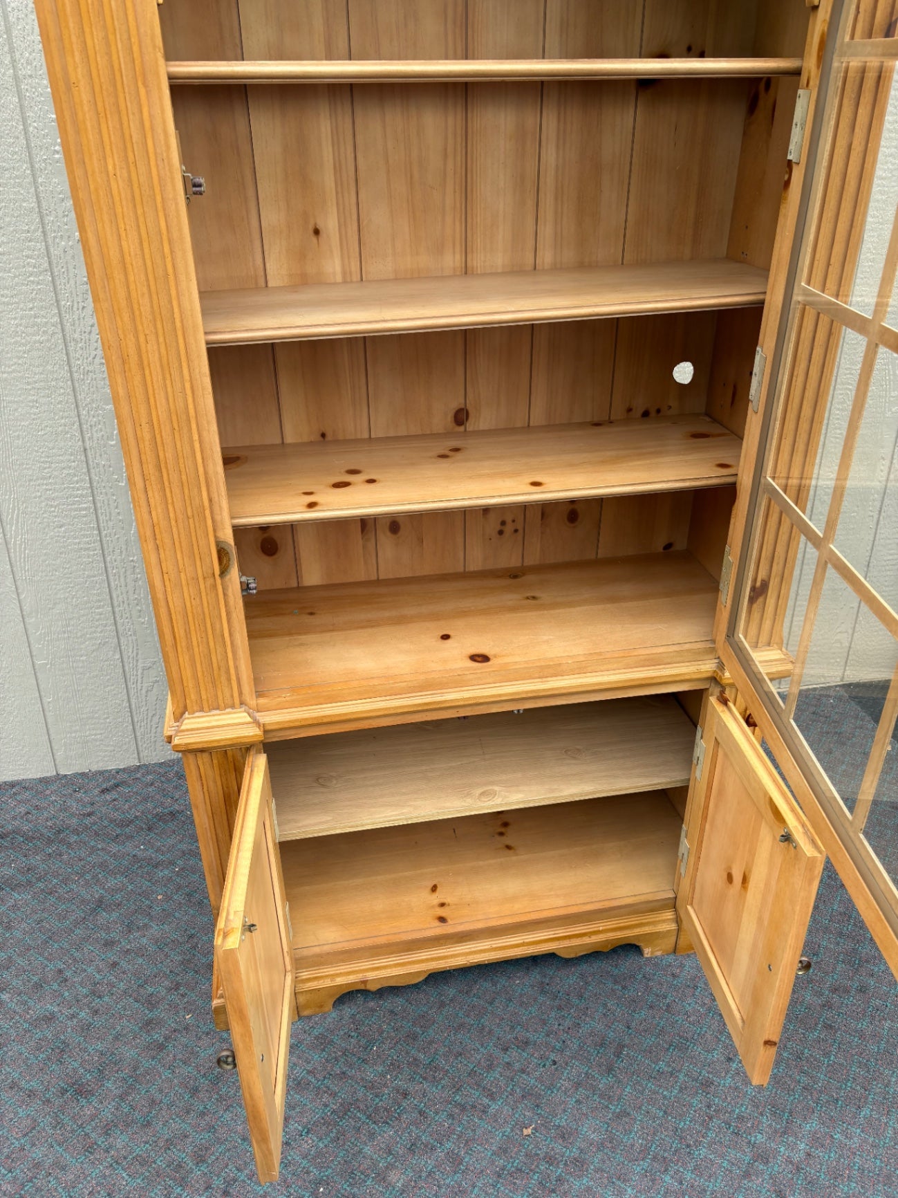 67671  Antique Pine Curio Bookcase with Glass Doors and Cabinet