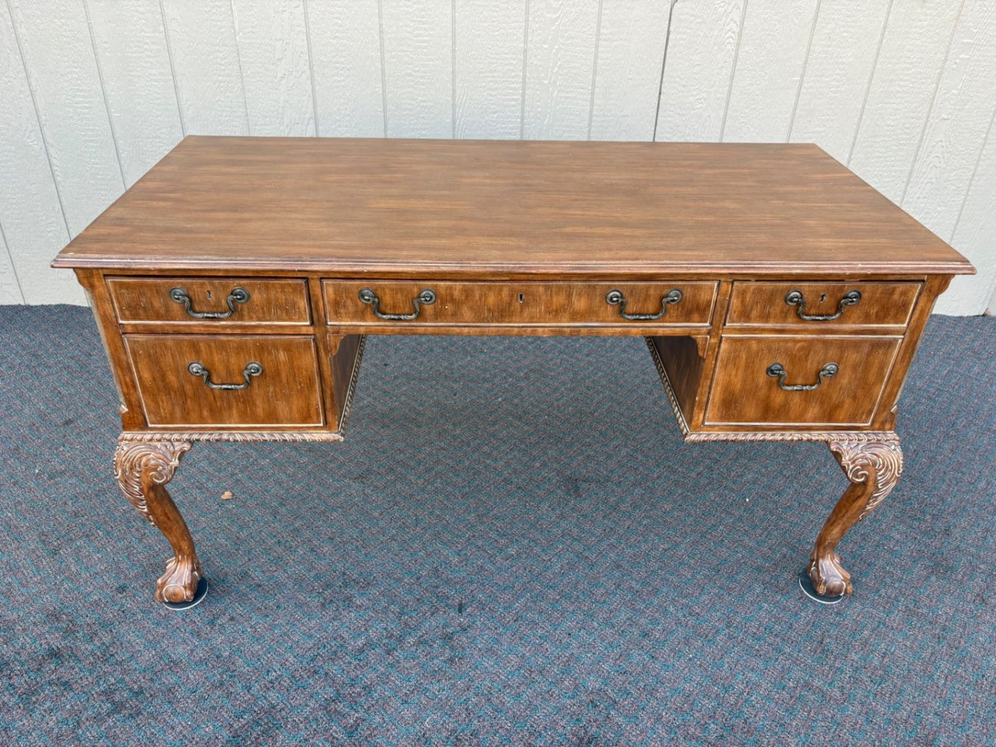 67389 Vintage Mahogany Writing Desk with Claw Feet and Brass Handles
