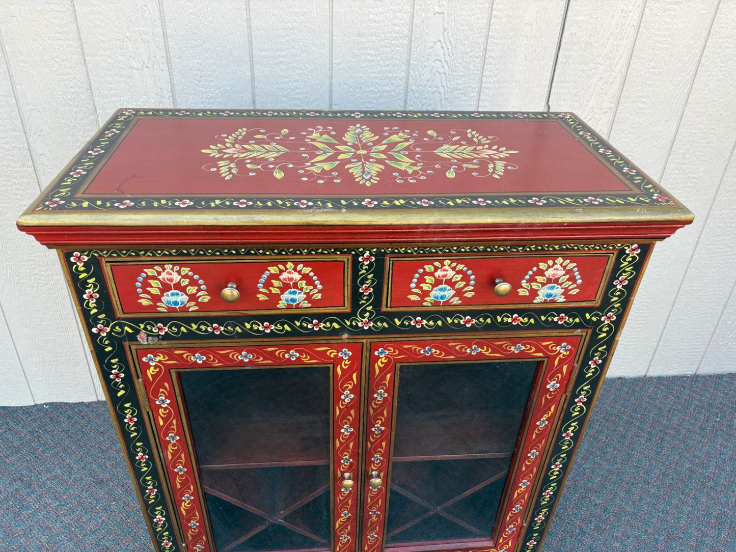 67610 Hand-Painted Pier 1 Wine Cabinet with Floral Motif and Glass Doors
