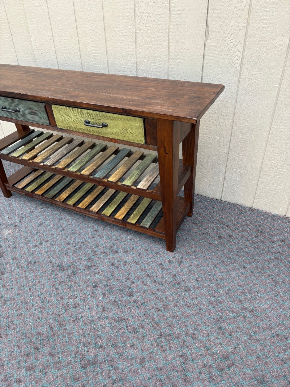 67990 Rustic Wood Console Table with Multi-Color Drawers and Shelves