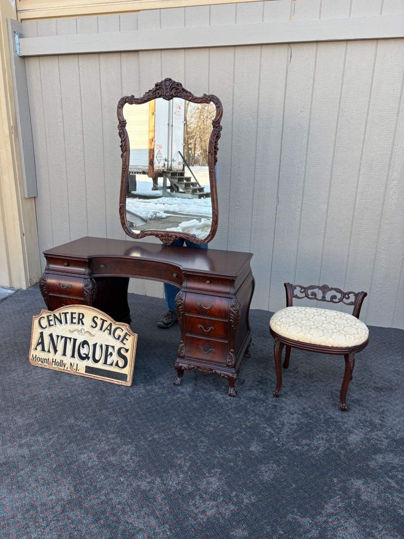 Ornate Mahogany Vanity Set with Mirror and Upholstered Bench