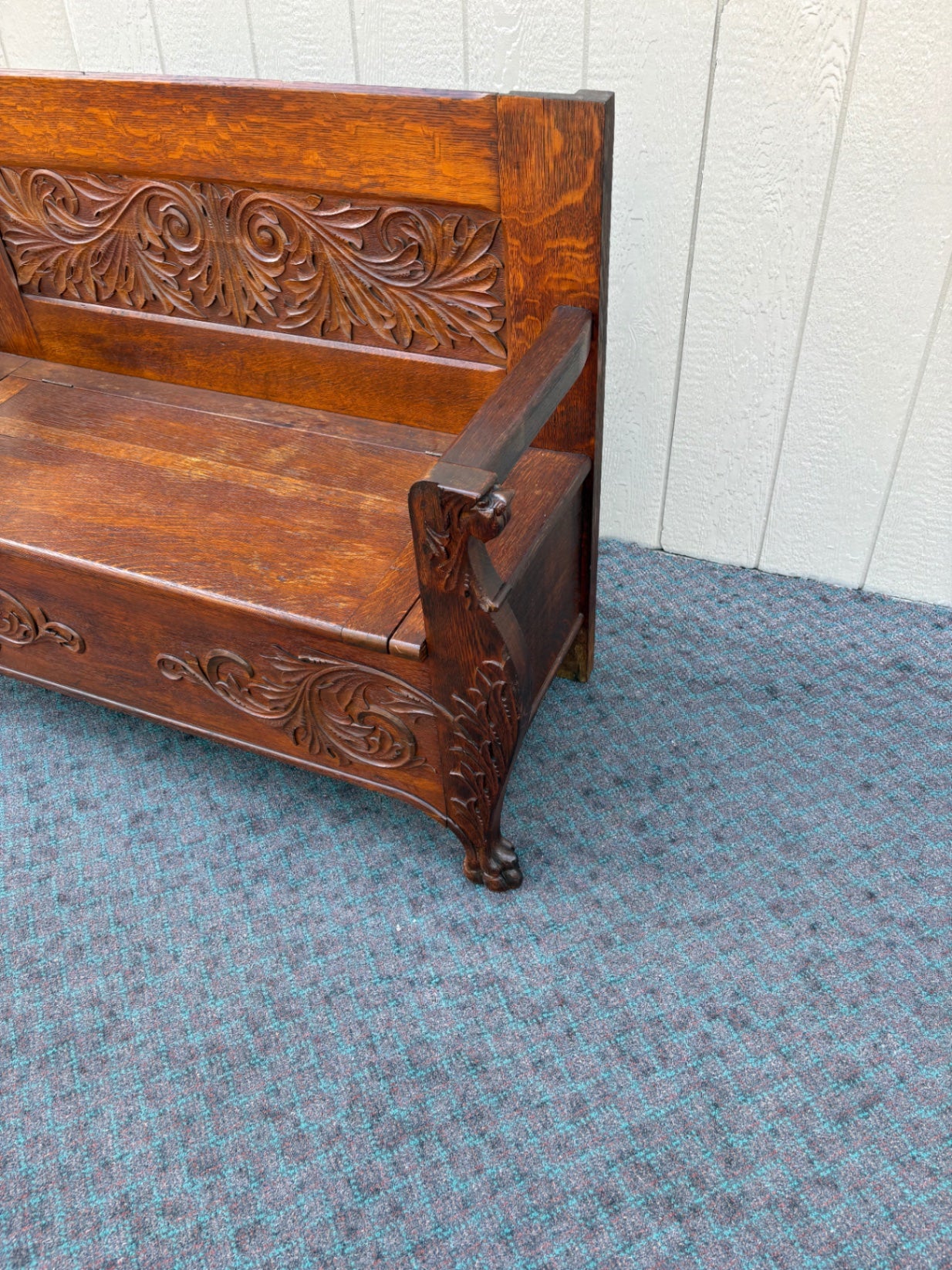 67891  Victorian Oak Carved Storage Bench with Lion Motif Details