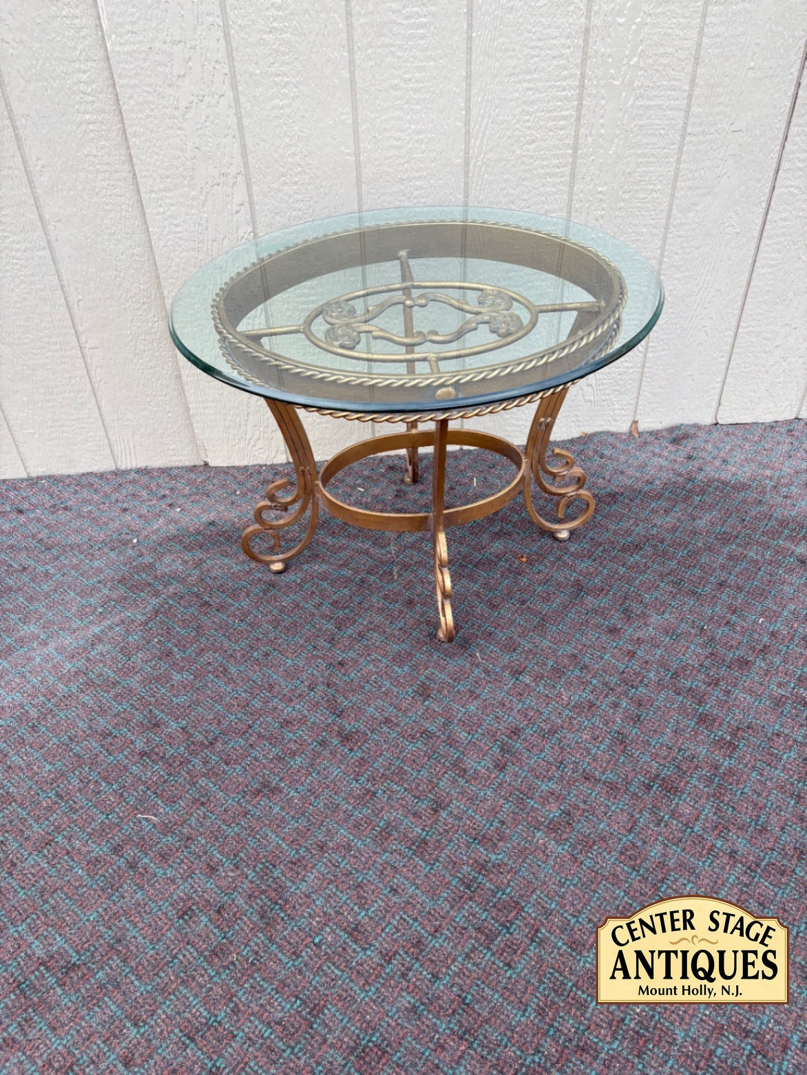 68117 Elegant Round Glass Top Side Table with Ornate Metal Base