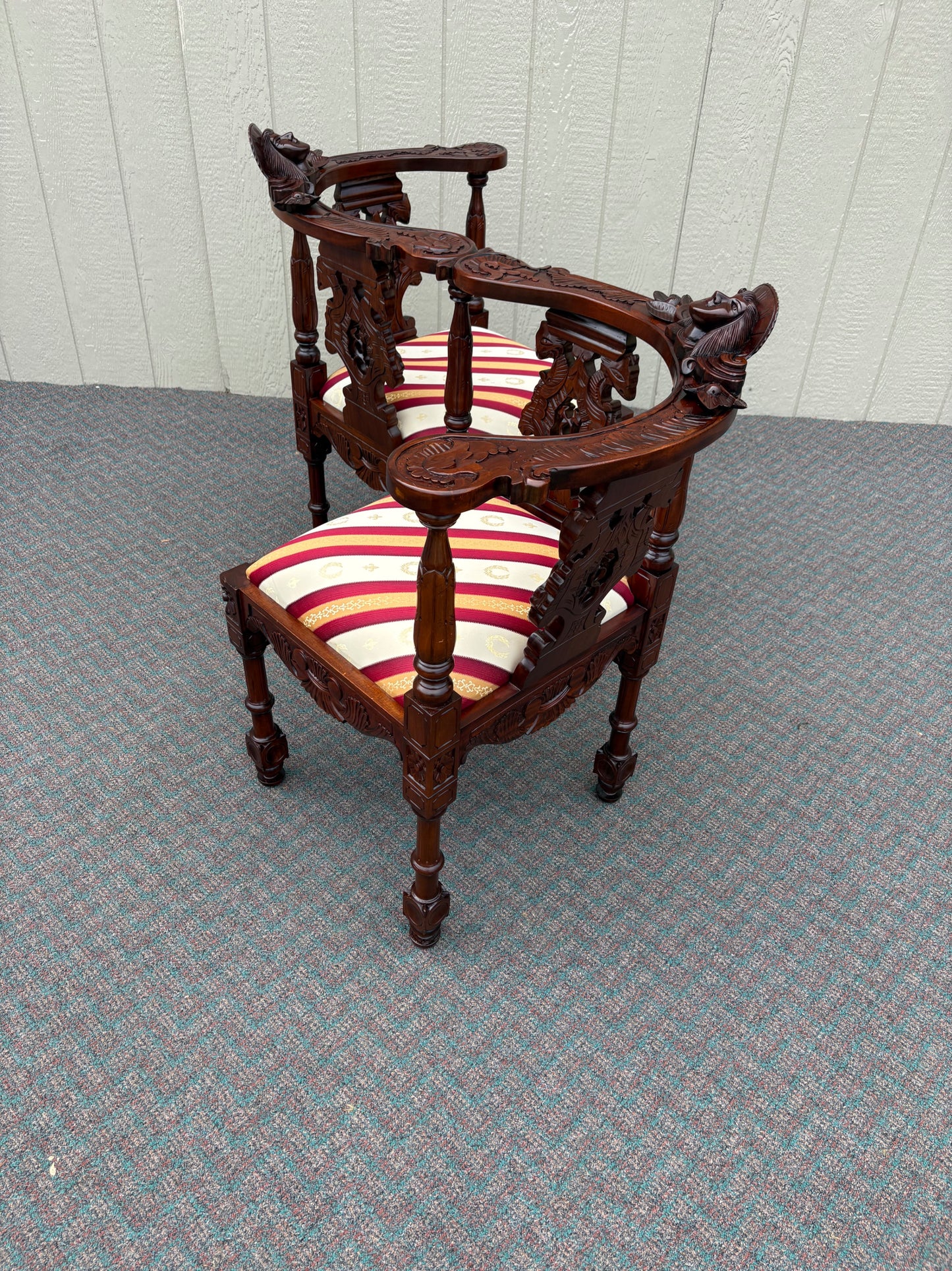 67730 Victorian Tête-à-Tête Loveseat, Carved Mahogany, Striped Upholstery