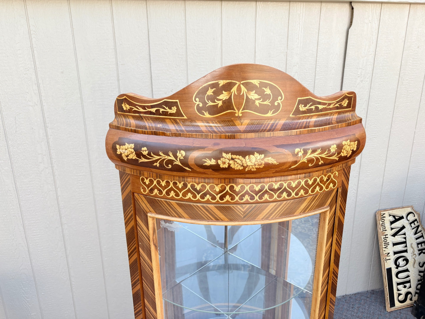 Elegant Corner Curio Cabinet with Inlay and Glass Shelves