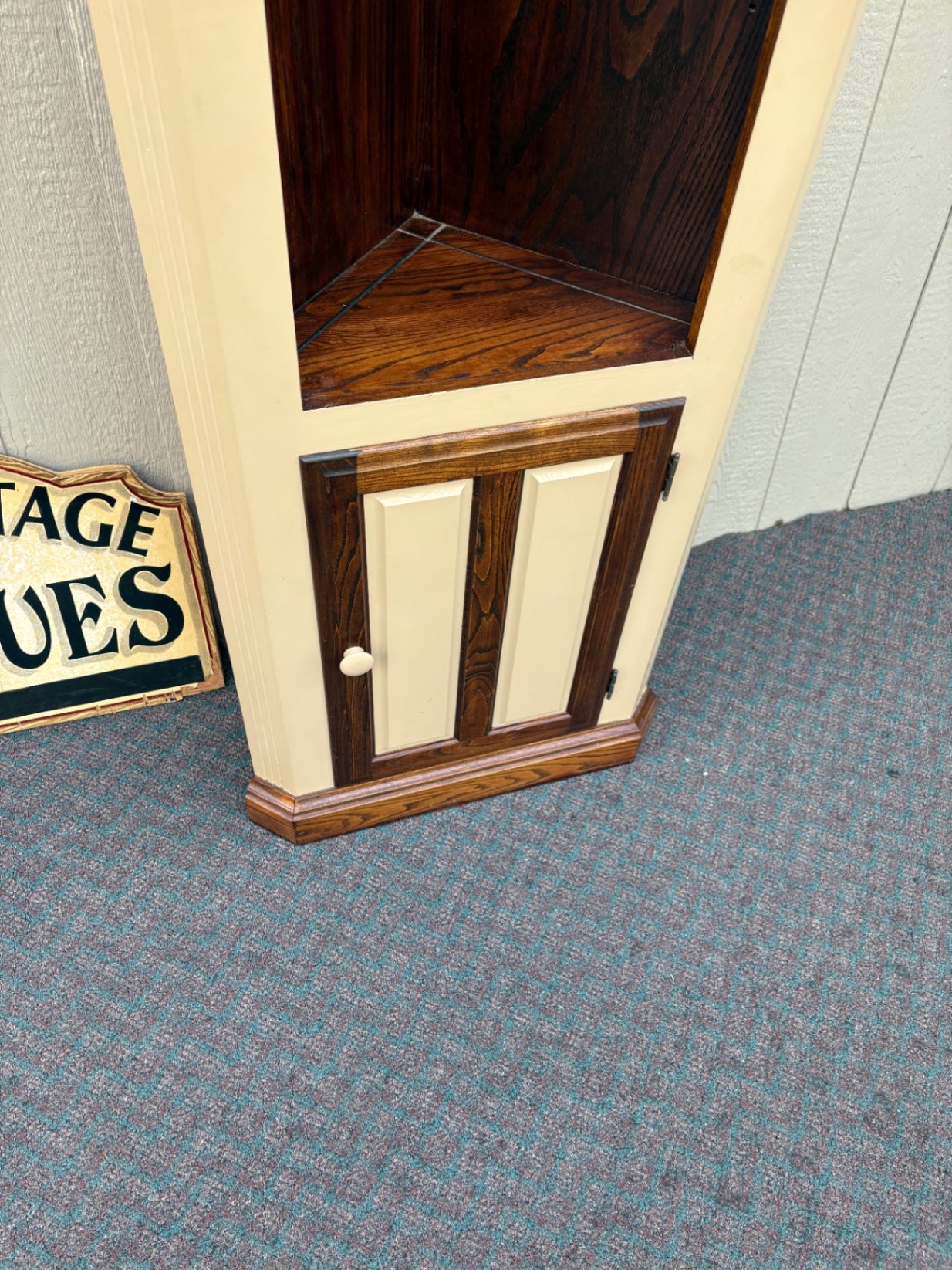 67870 Tall Rustic Corner Cabinet with Dual Tone Finish and Shelves