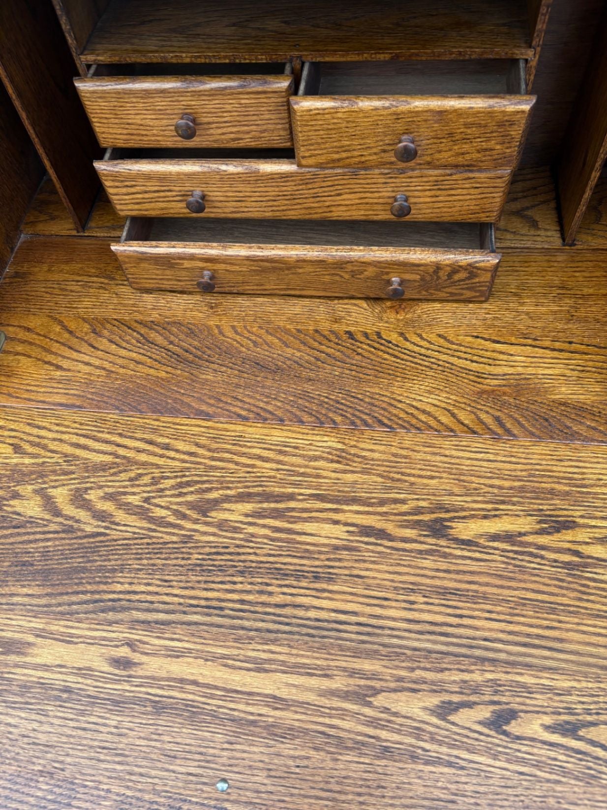 67561 Antique Oak Slant Front Desk with Mirror and Carved Details