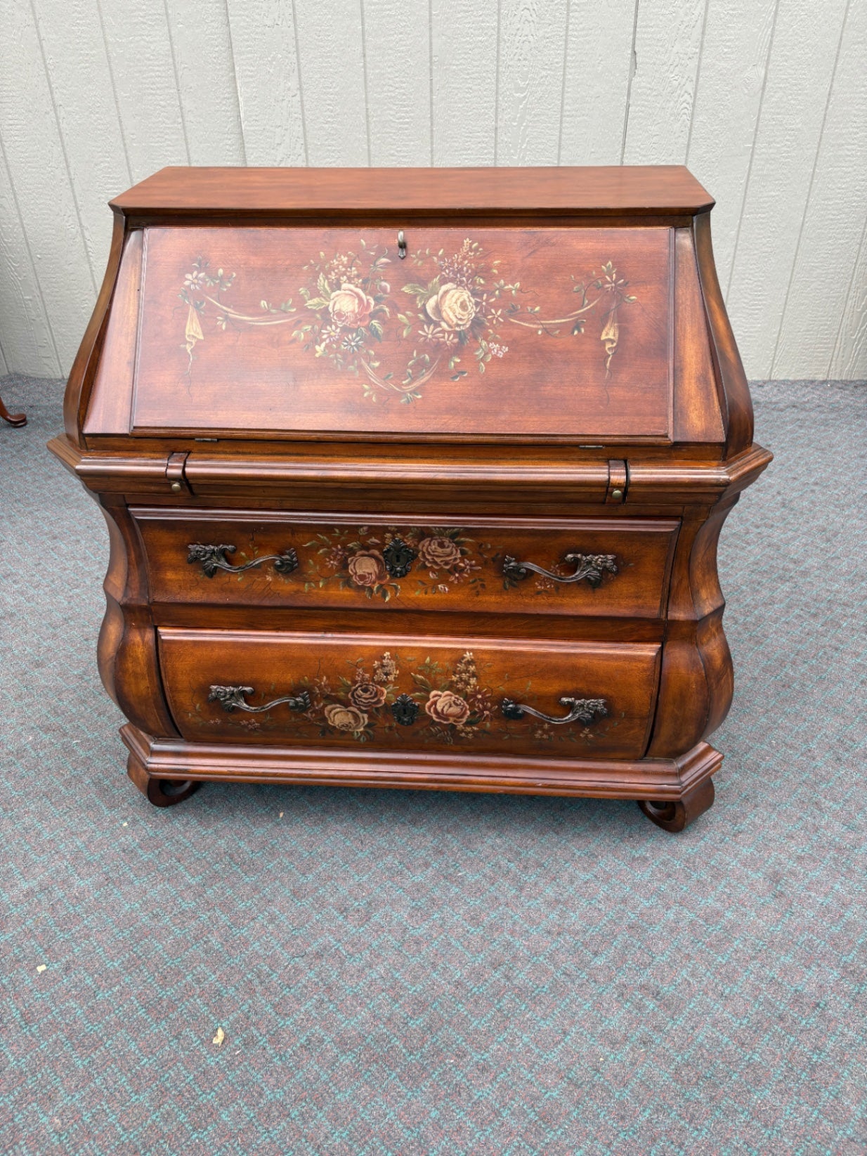 Ethan Allen Hand-Painted Secretary Desk with Hutch, Floral Motif
