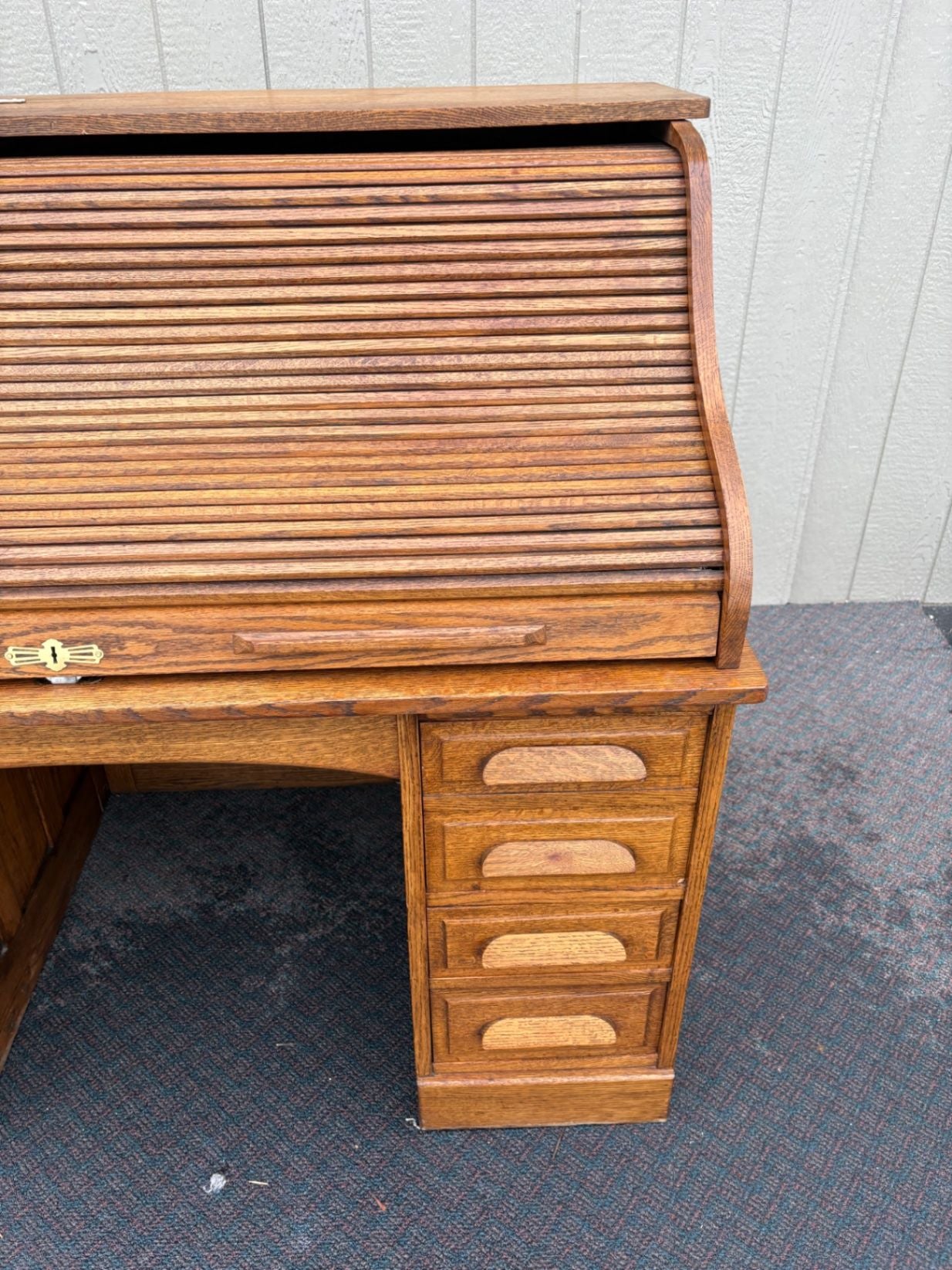 67465 Antique Oak Roll Top Desk, Early 1900s, Solid Oak