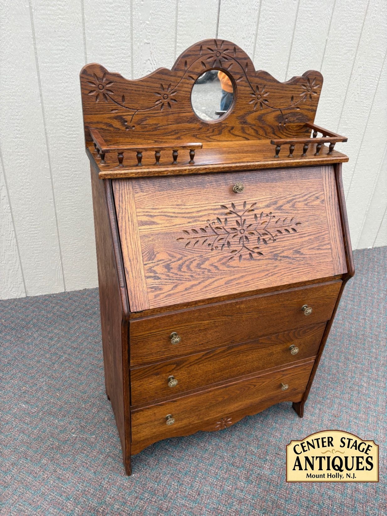 67561 Antique Oak Slant Front Desk with Mirror and Carved Details