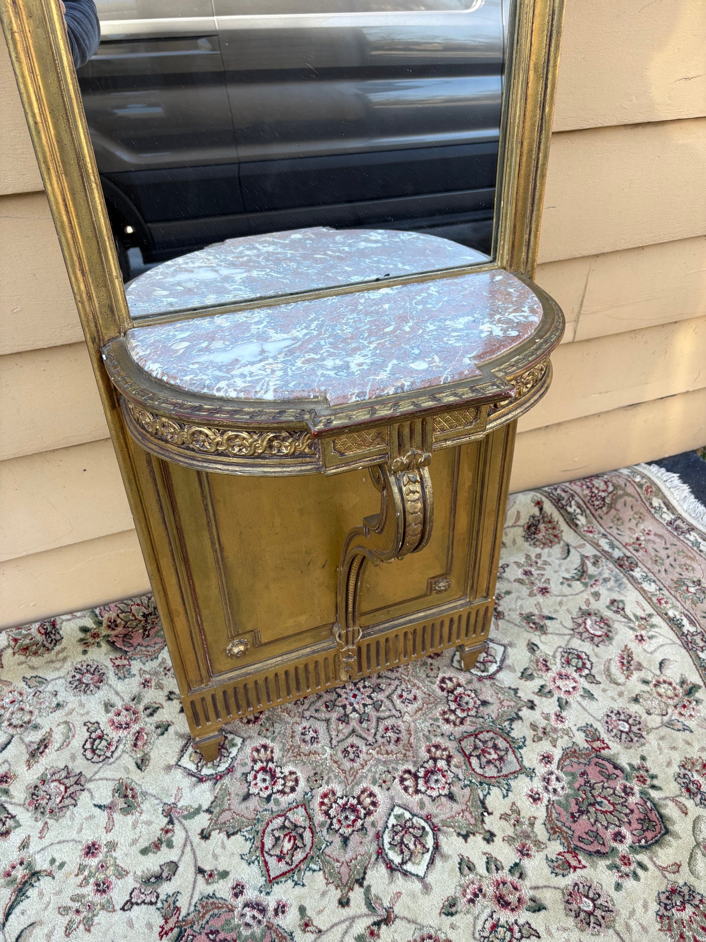 67785 Antique French Louis XV Style Pier Mirror with Marble Top