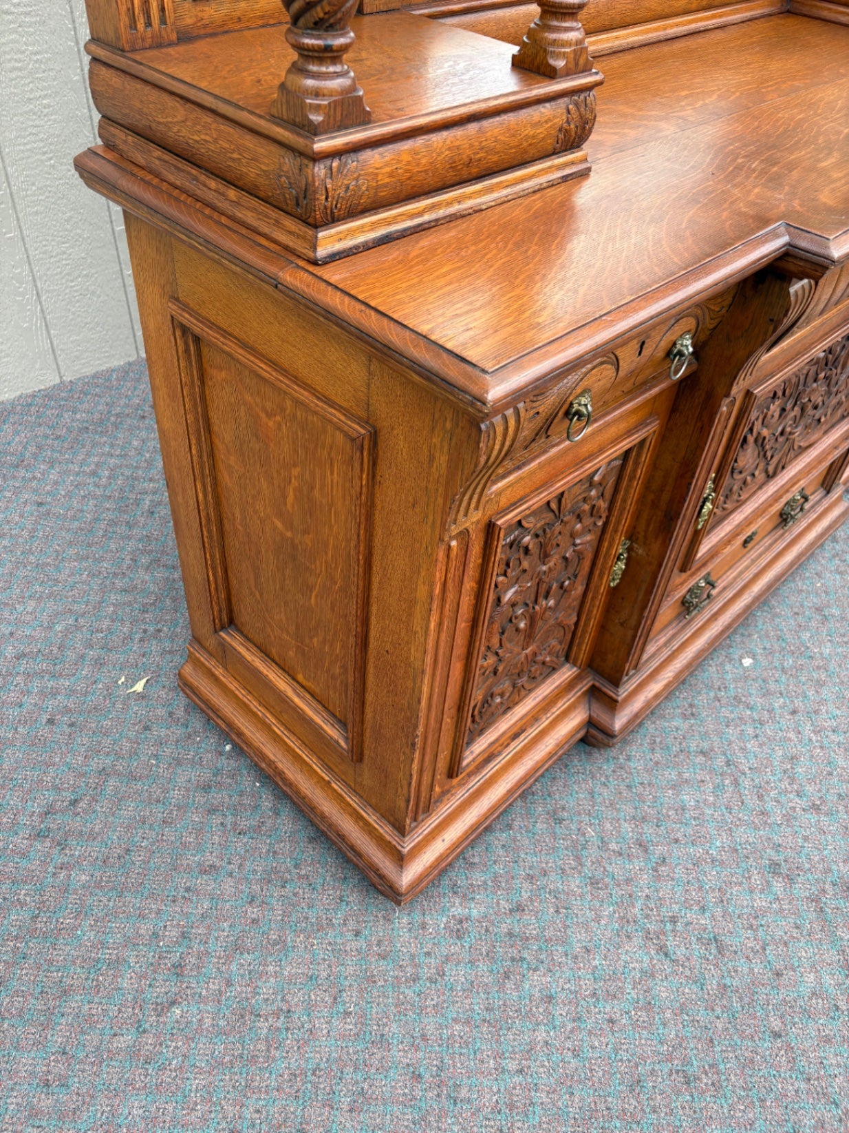 67852  Ornate Victorian Oak Buffet with Mirror and Carved Details