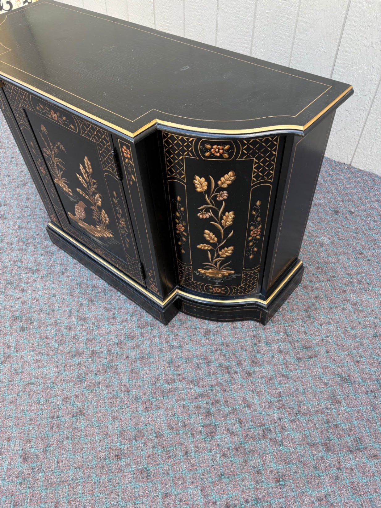 68118 Black Lacquer Asian-Inspired Cabinet with Floral and Bird Motifs