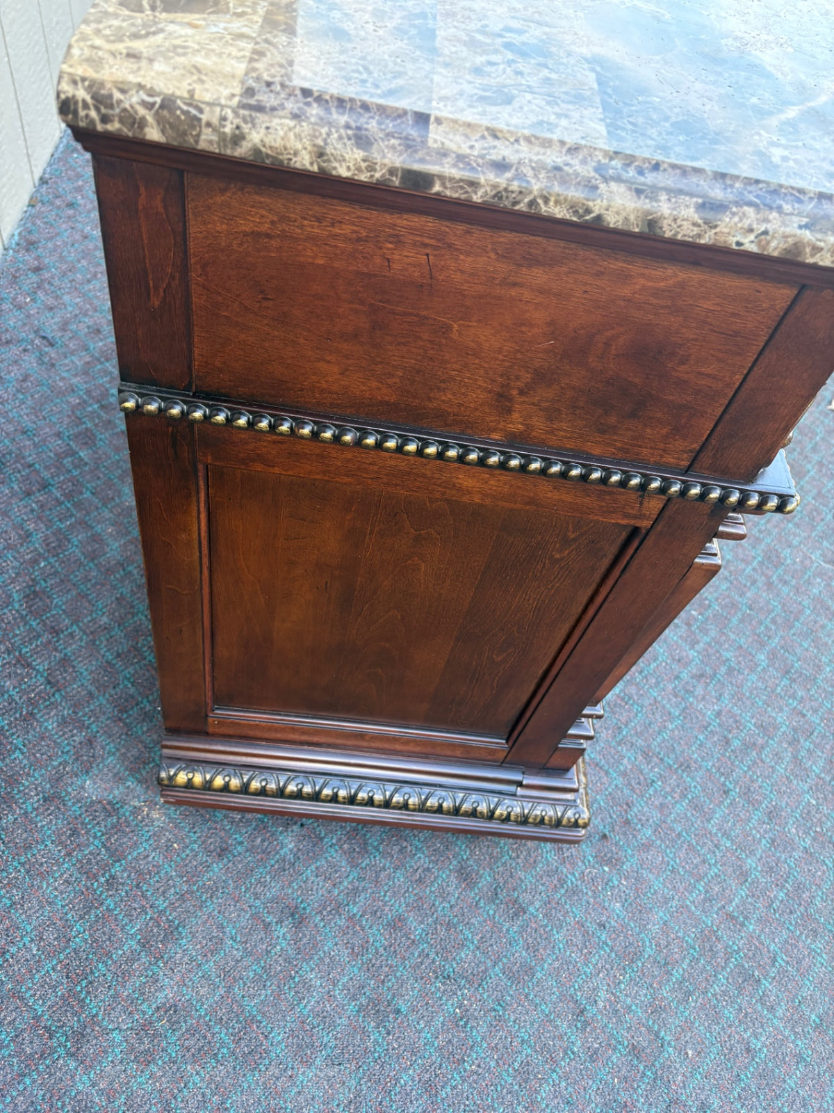 Elegant Marble Top Chest with Carved Wood Detail, 2015