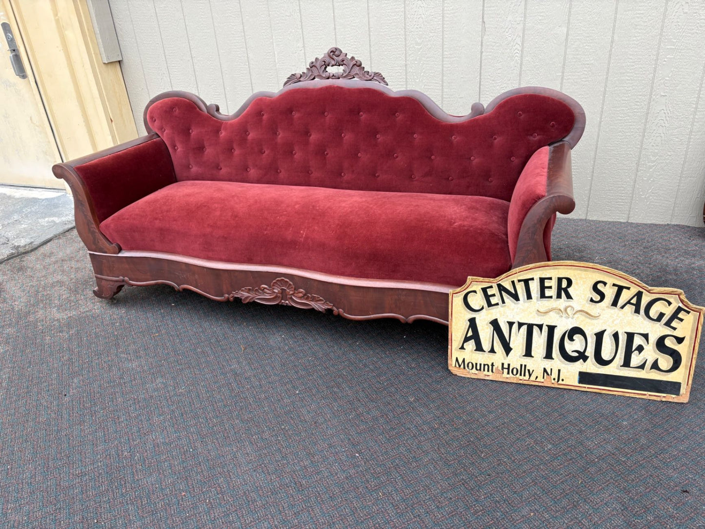 67490  Antique Empire Sofa with Red Velvet Upholstery and Carved Wood