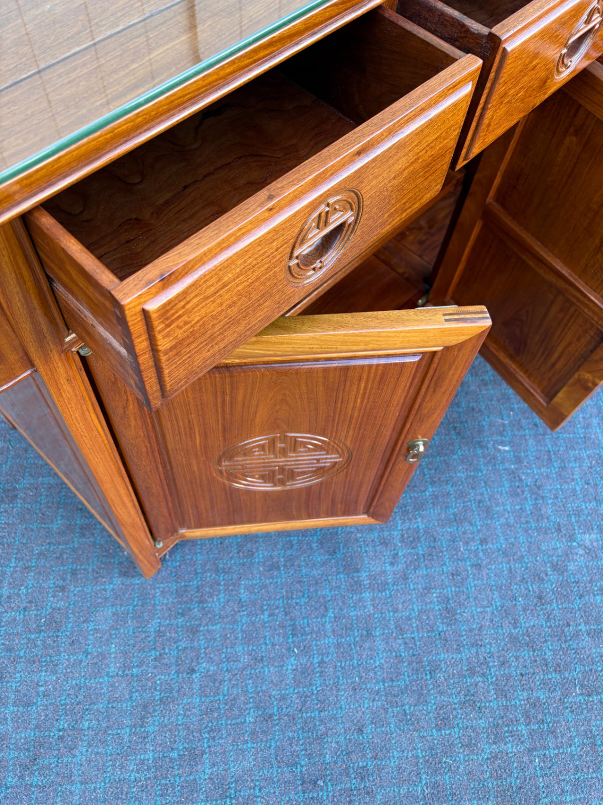Mid-Century Oriental Sideboard with Glass Top and Carved Details