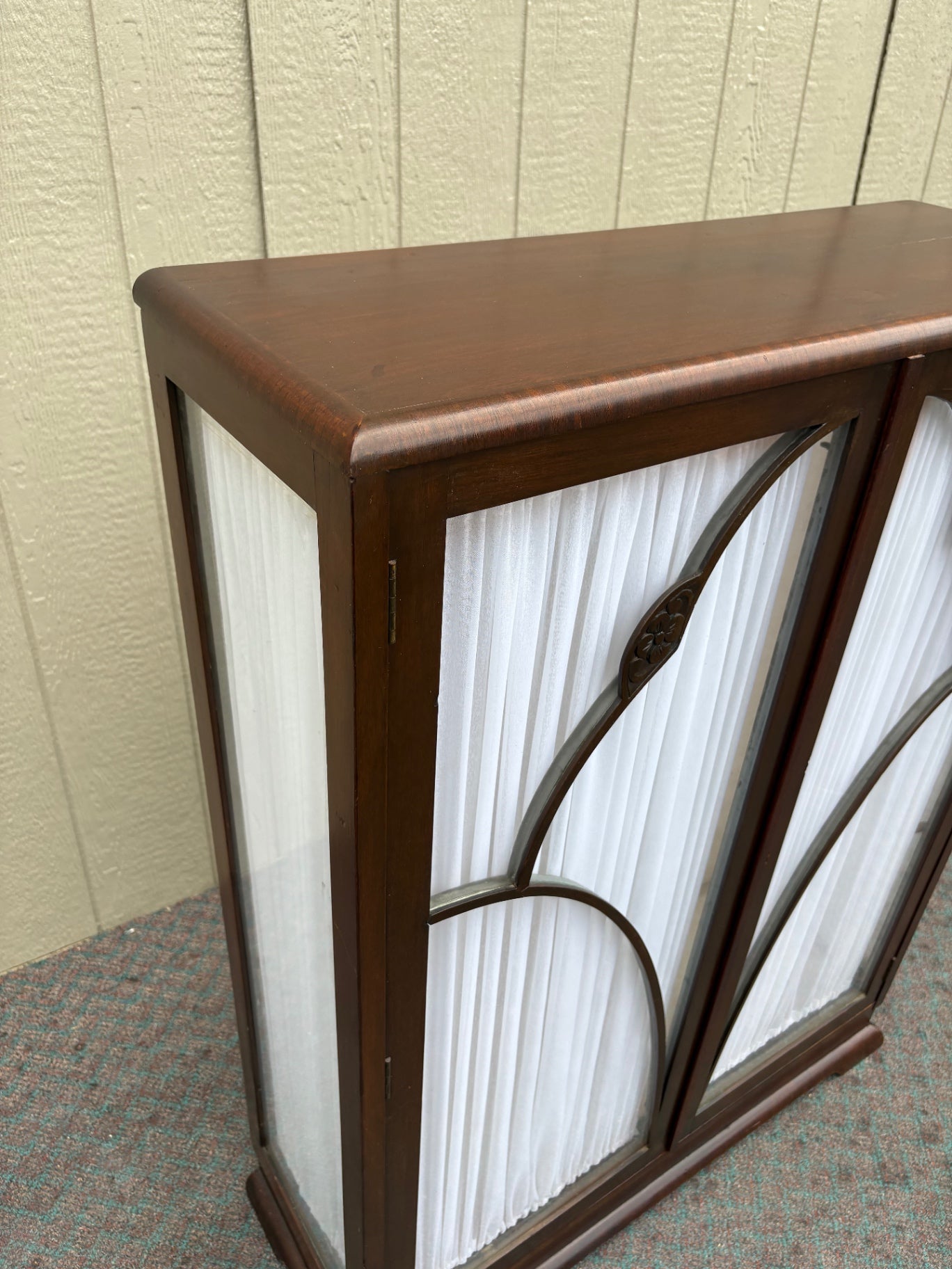 67980 Art Deco Two-Door Bookcase with Carved Detailing and Fabric Panels