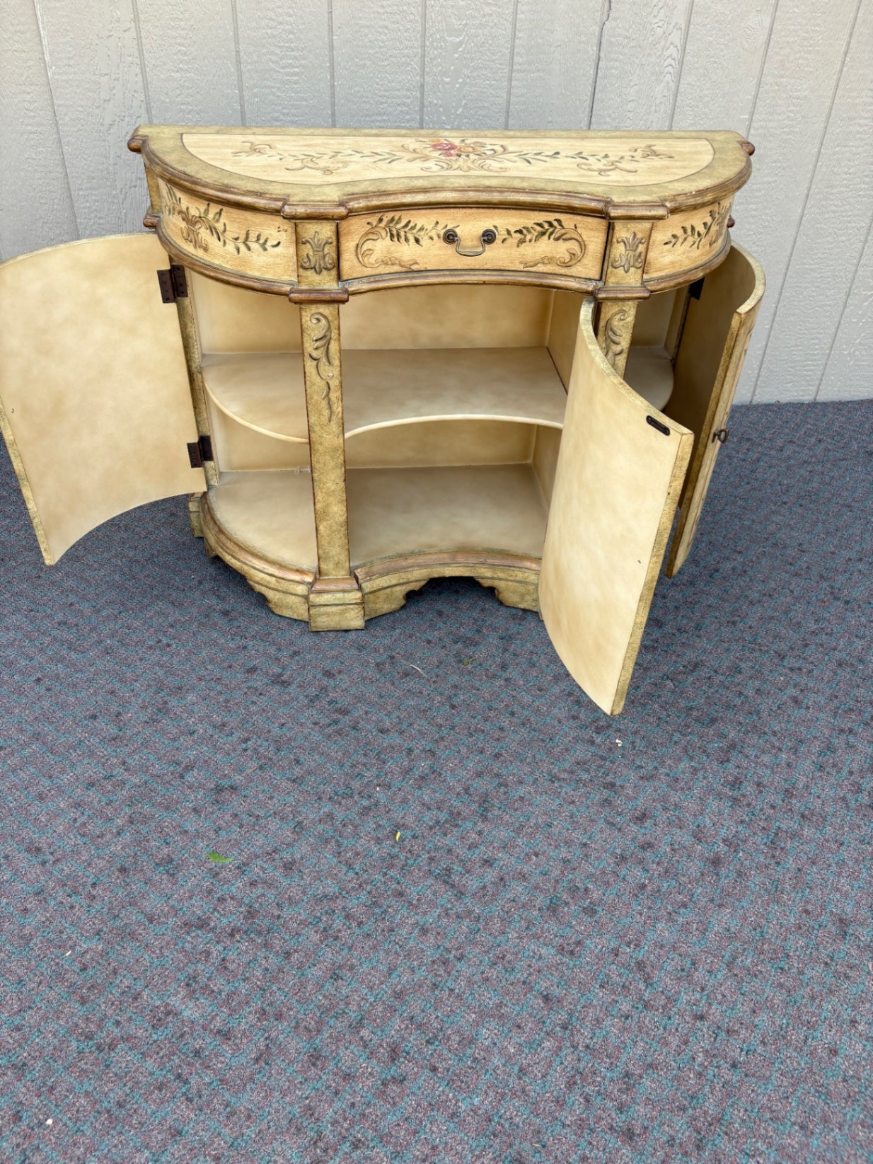 67889  Hand-Painted Floral Demilune Cabinet with Distressed Finish