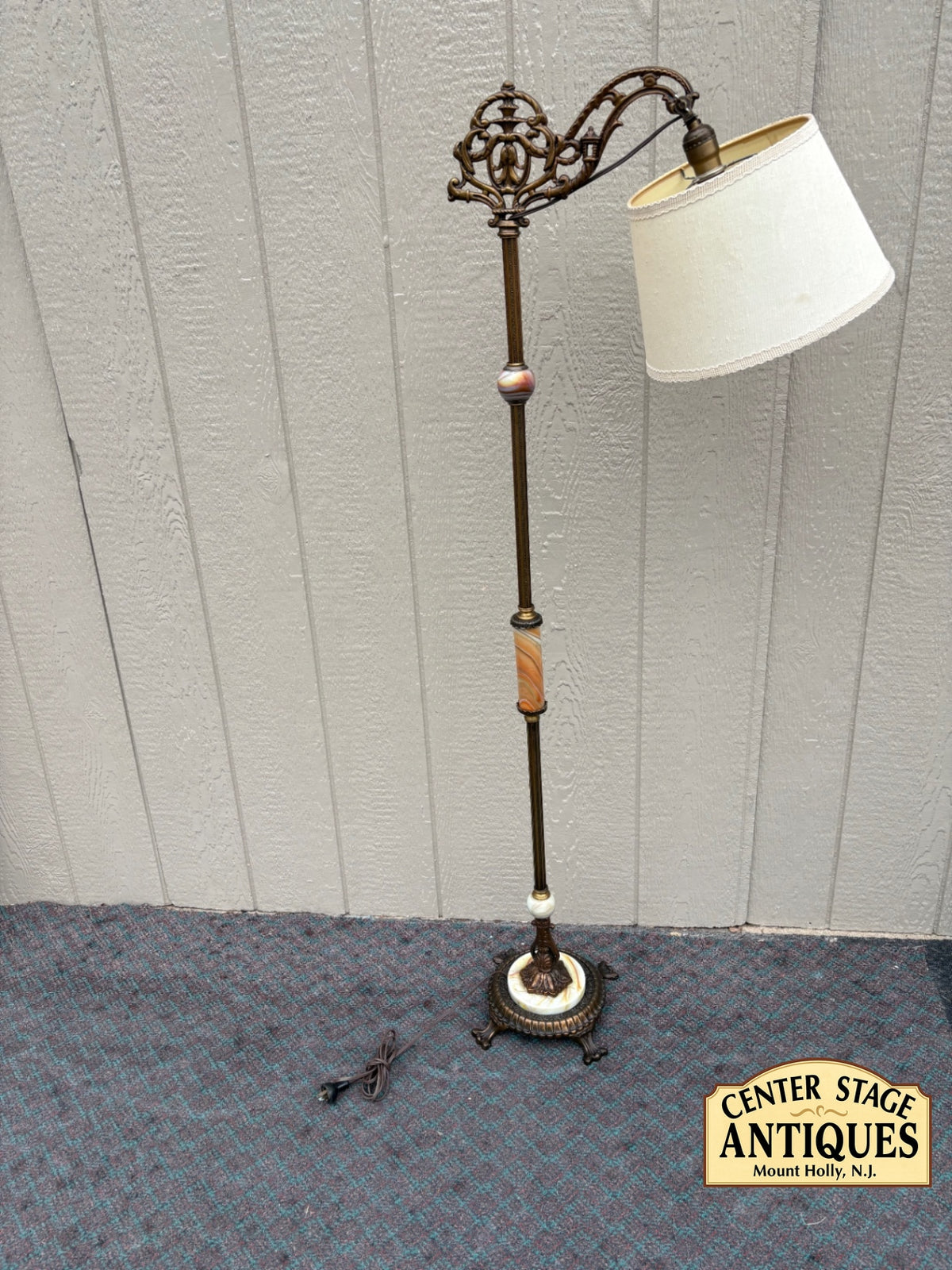 68157 Vintage Onyx and Brass Floor Lamp with Ornate Detailing